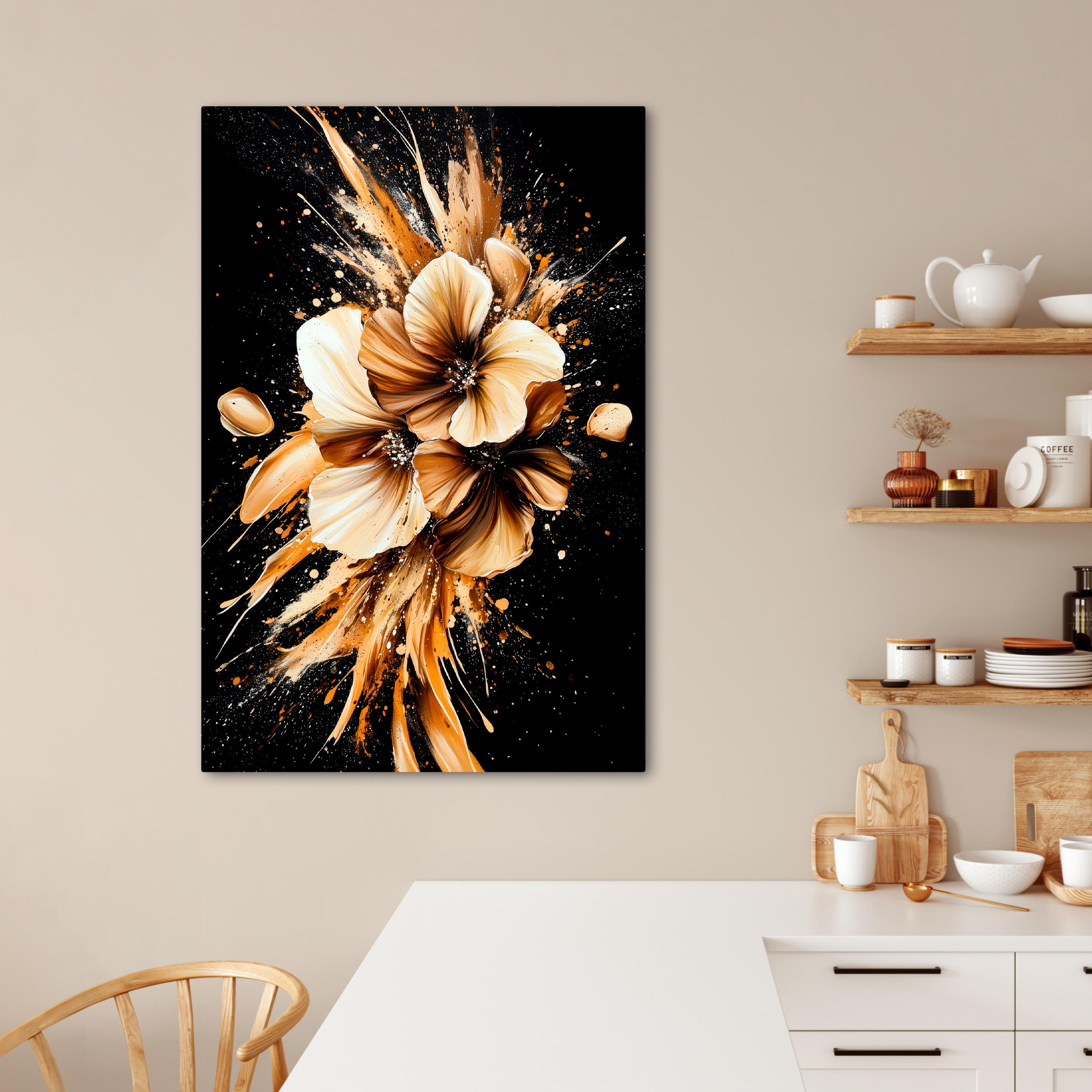 LEINWANDBILD Blumen - Gold - Graffiti - Schwarz - Abstrakt 80x120 cm - Cappuccino, Textil (80/120cm) - MuchoWow