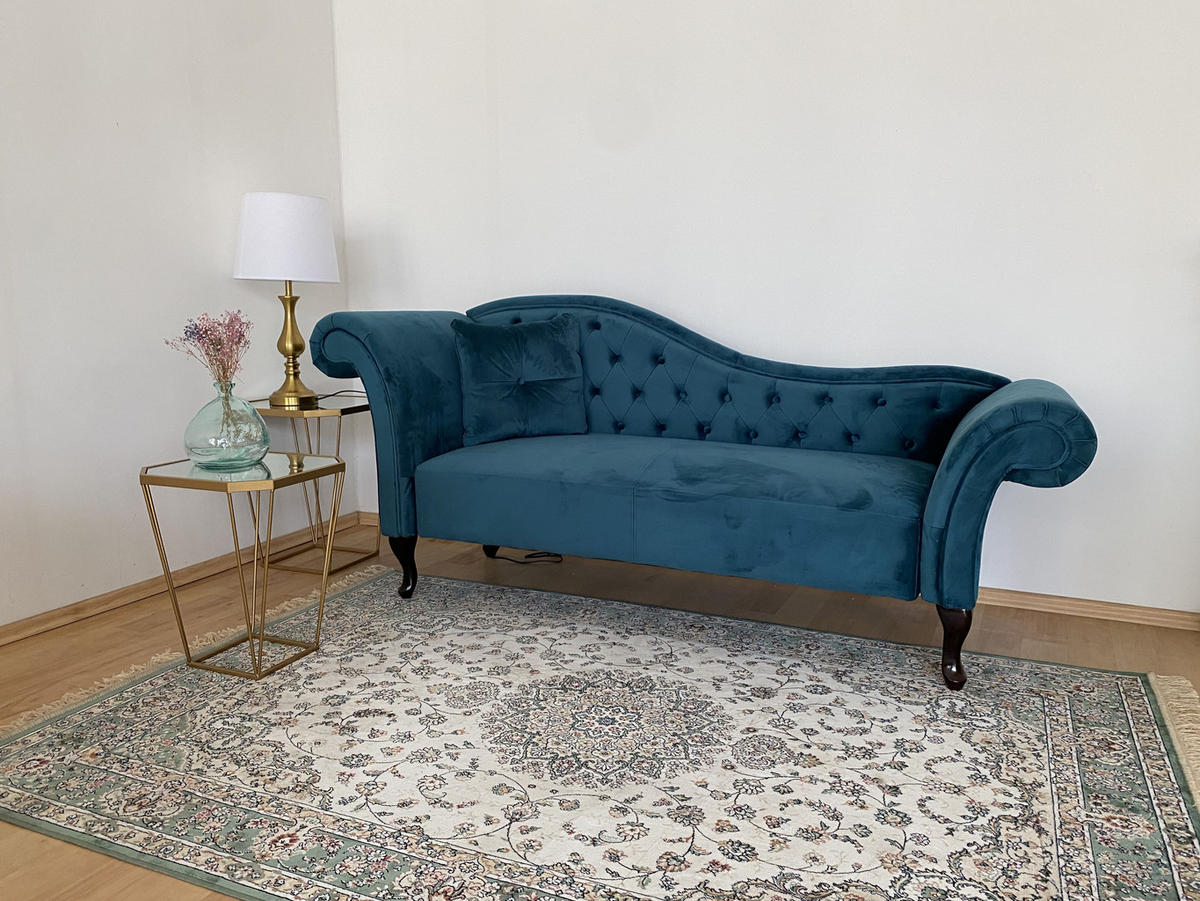 ČALOUNĚNÉ LEHÁTKO CHAISE LONGUE Sametová látka modrozelené levostranné Lattes - modrá, textil (188/87/59cm) - Beliani