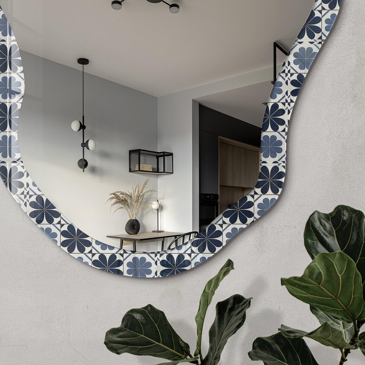SPIEGEL 90x45 cm asymmetrisch mit Druck - Geometrisches Ornament - Transparent, Glas (45/90/0.4cm) - TULUP