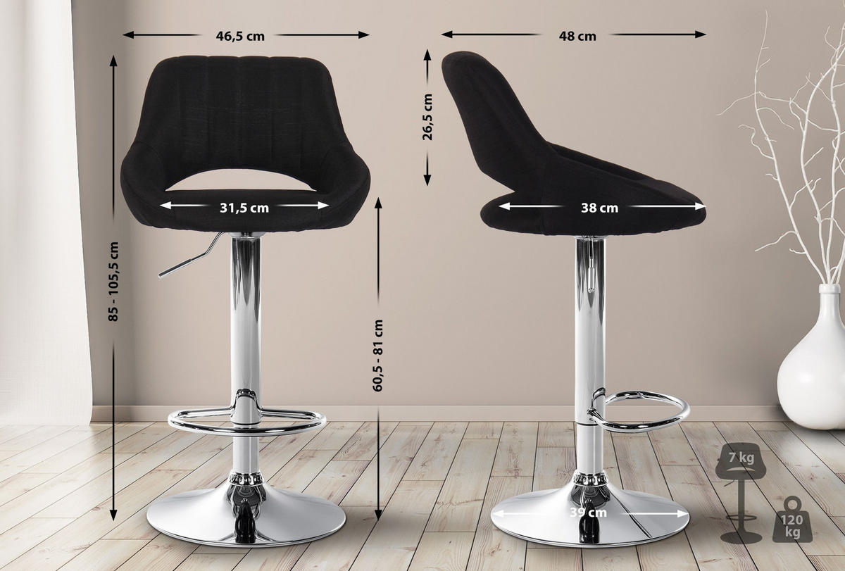 BARHOCKER Stoff schwarz - Chromfarben/Schwarz, Textil/Metall (46.5/85/48cm) - CLP