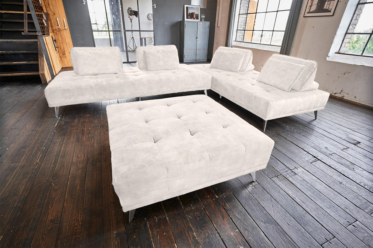 MODULSOFA MIT HOCKER WIOLO Cremeweiß Velvet - Silberfarben/Creme, Textil/Metall (350/80/350cm) - KAWOLA