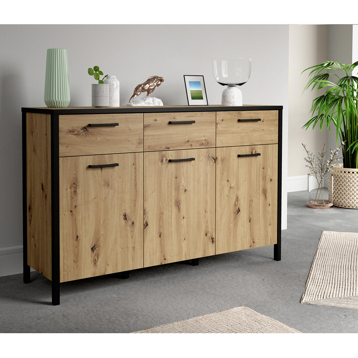 KOMMODE - Eiche Artisan Dekor / Schwarz - Schwarz/Braun, Holzwerkstoff/Kunststoff (140/90/40cm) - home24