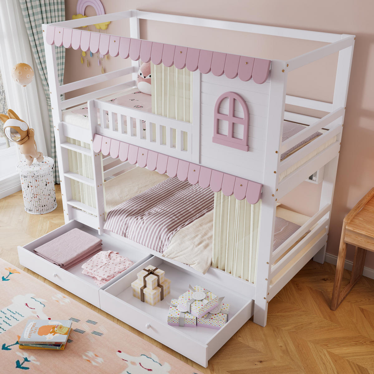 ETAGENBETT 90/200 cm mit Fallschutz, Fenster, Vorhängen, Regalen und 2 Schubladen, Weiß/Rosa - Weiß, Holzwerkstoff (90/200cm) - Redom