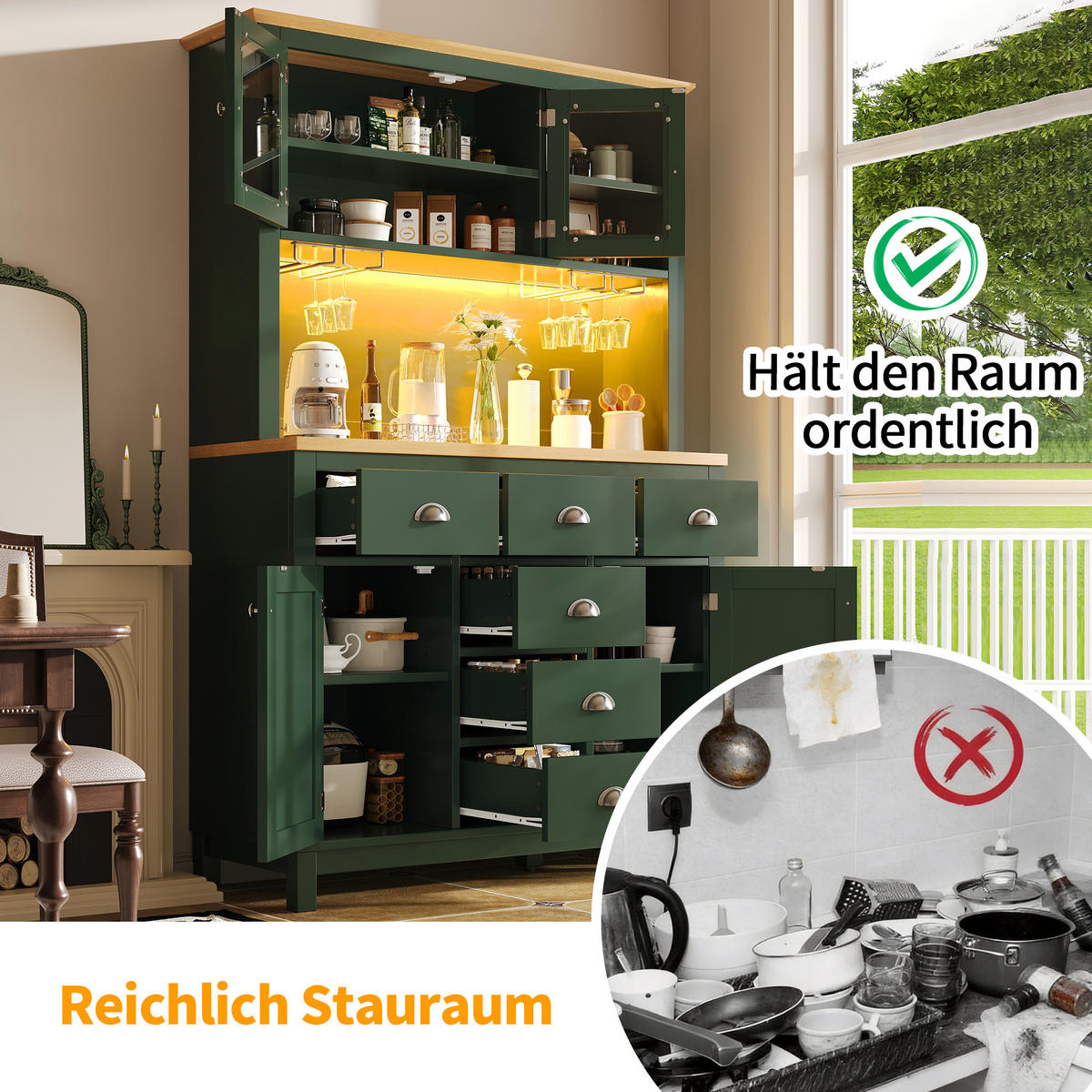 HIGHBOARD in Grün Küchenschrank mit LED-Lichtleiste und Schubladen für Küche und Wohnzimmer, B104/T40/H180 cm - Grün, Glas/Holzwerkstoff (104/180/40cm) - STILVORA