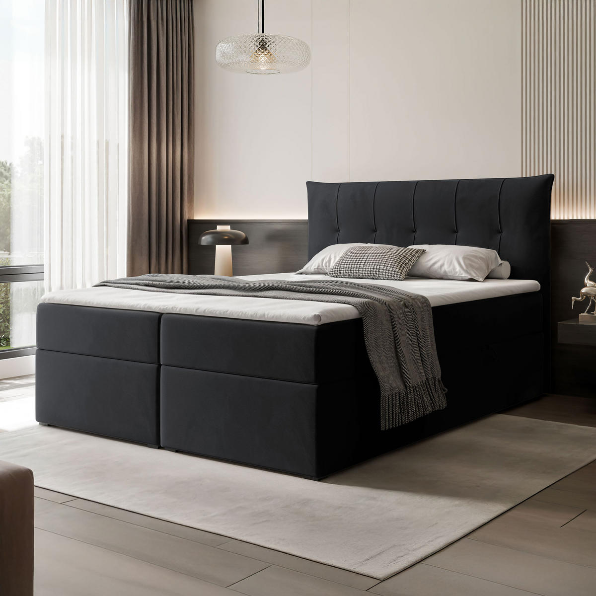 BOXBETT CHESTER 160/200 cm mit Matratze und Topper, Schwarz - Schwarz, Holzwerkstoff/Textil (160/200cm) - Idohome