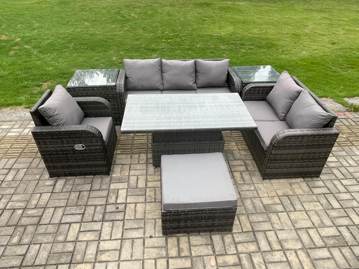 GARTENMÖBEL SET mit Höhenverstellbarer Esstisch 7-Sitzer Grau - Dunkelgrau/Grau, Glas/Kunststoff - Fimous