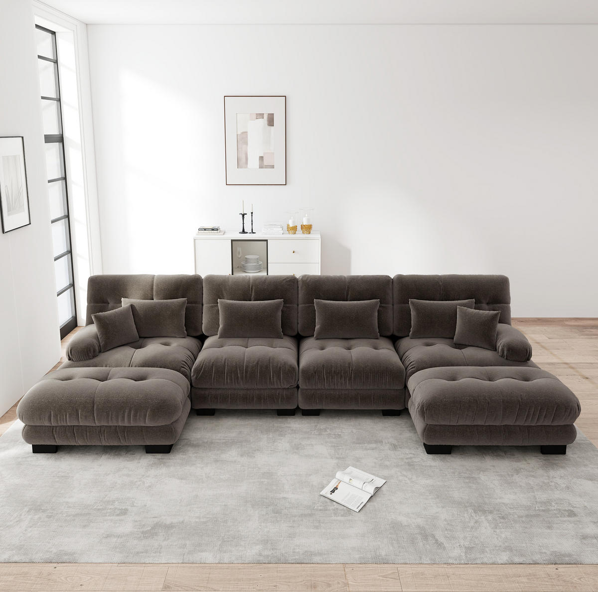 WOHNLANDSCHAFT aus Chenille in Braun mit beweglichen Ottomans - Braun, Textil (145/81/406cm) - Modfu