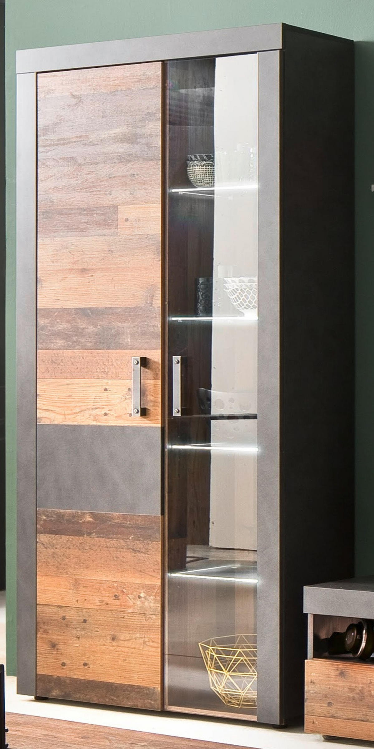 VITRINE Used Wood Altholz Design mit Grau, Vitrinenschrank mit LED Beleuchtung - Silberfarben/Schwarz, Glas/Holzwerkstoff (87/189/34cm) - Top.Furn