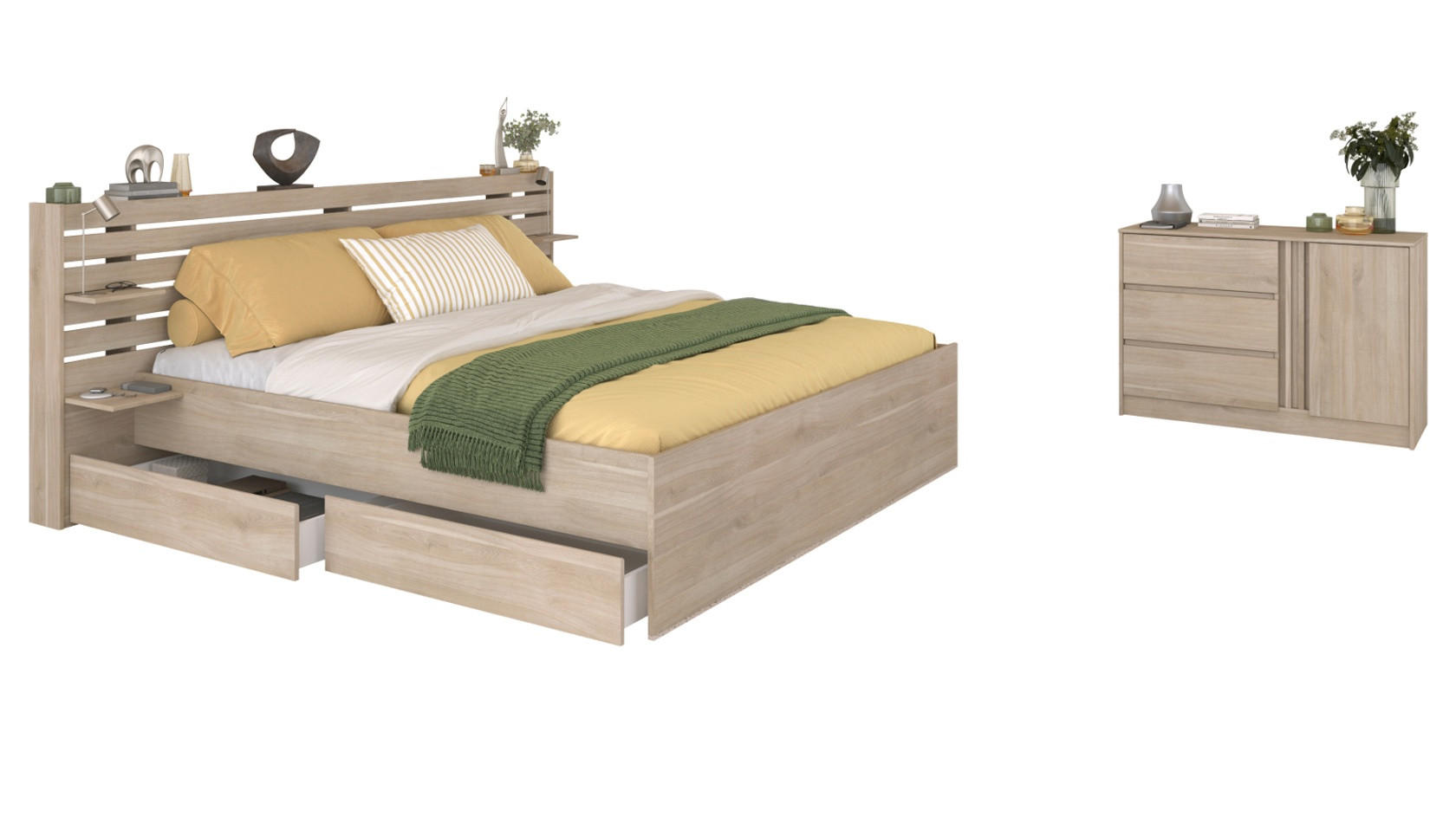 JUGENDZIMMER Eiche japanisch, Set mit Stauraumbett 160 x 200 cm und Kommode - Eichefarben, Holzwerkstoff (203/99/217cm) - Parisot Meuble