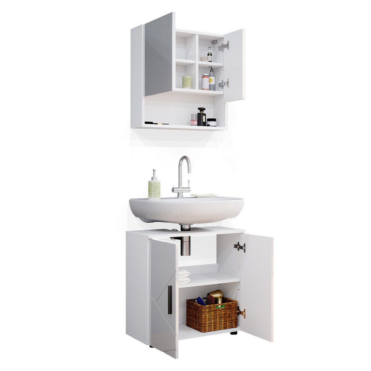 BADMÖBEL-SET Irma Weiß Hochglanz 2 Teile, Unterschrank 60 cm - Weiß Hochglanz/Weiß, Holzwerkstoff (80/58.6/41cm) - Vicco