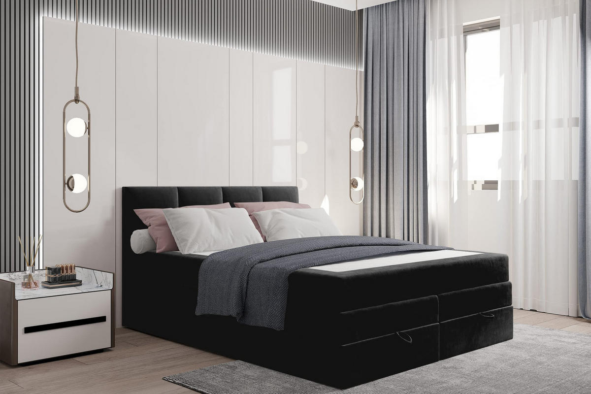 BOXSPRINGBETT 180 x 200 cm PRADO mit Taschenmatratze H3 und Bettkasten, Schwarz - Schwarz, Holzwerkstoff/Kunststoff (180/200cm) - Trada