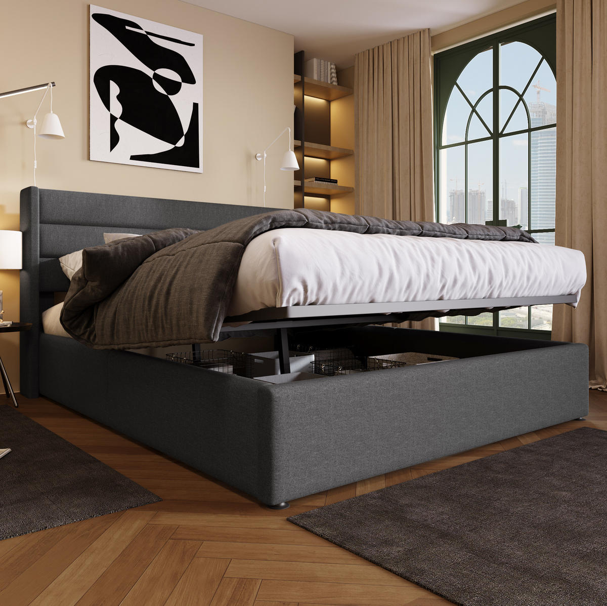 POLSTERBETT mit Bettkasten 140/200 cm in Grau mit gepolstertem Kopfteil - Grau, Textil (140/200cm) - BEAOK