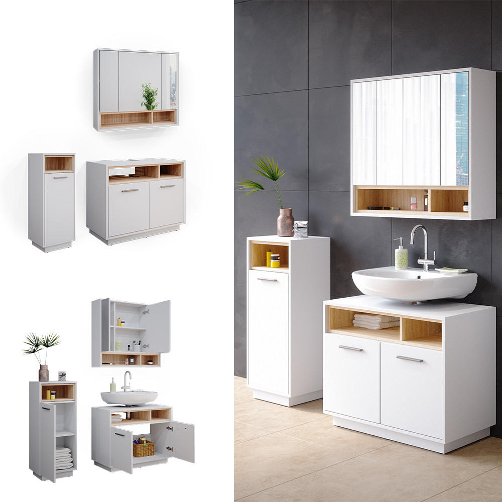 BADMÖBEL-SET Beatrice Weiß 3 Teile - Weiß/Sonoma Eiche, Holzwerkstoff (80/64/40cm) - Vicco
