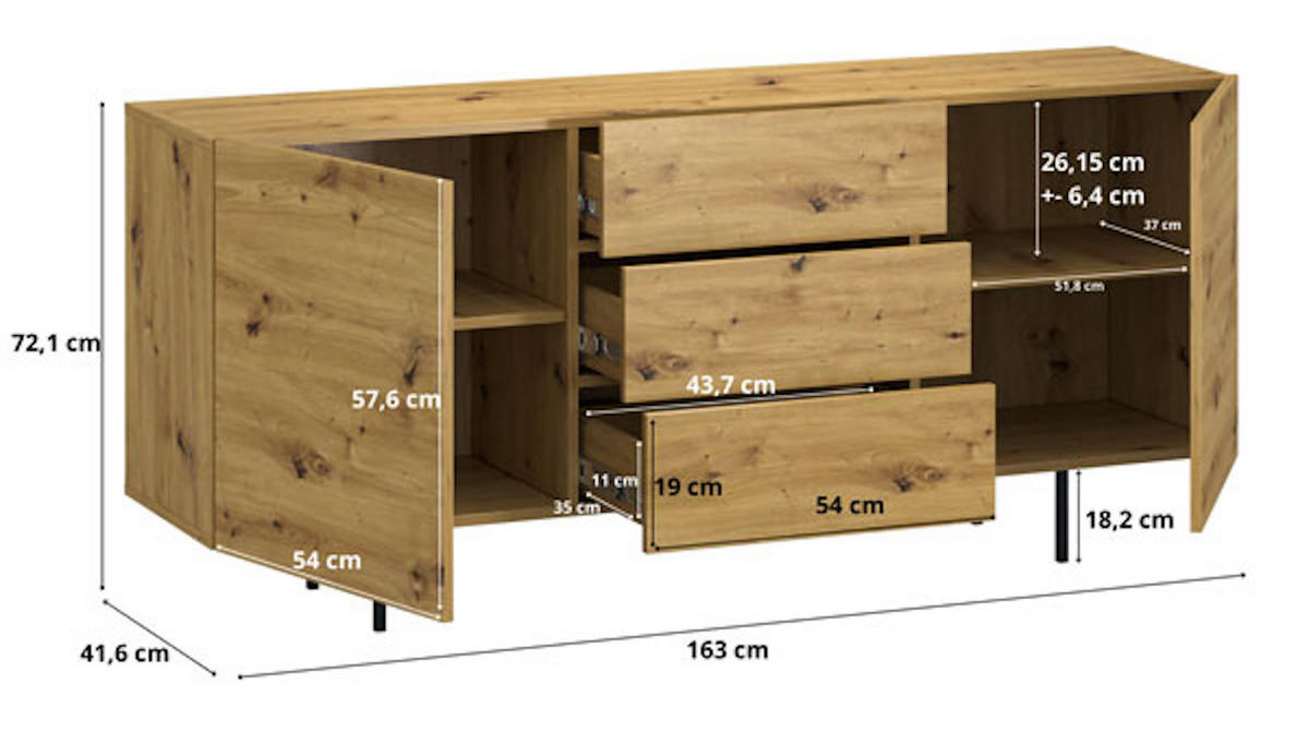 KOMMODE COCO Artisan Eiche 163 / 41 / 72 cm - Eiche Artisan/Braun, Holz/Holzwerkstoff (163/72/41cm) - Feldmann-Wohnen