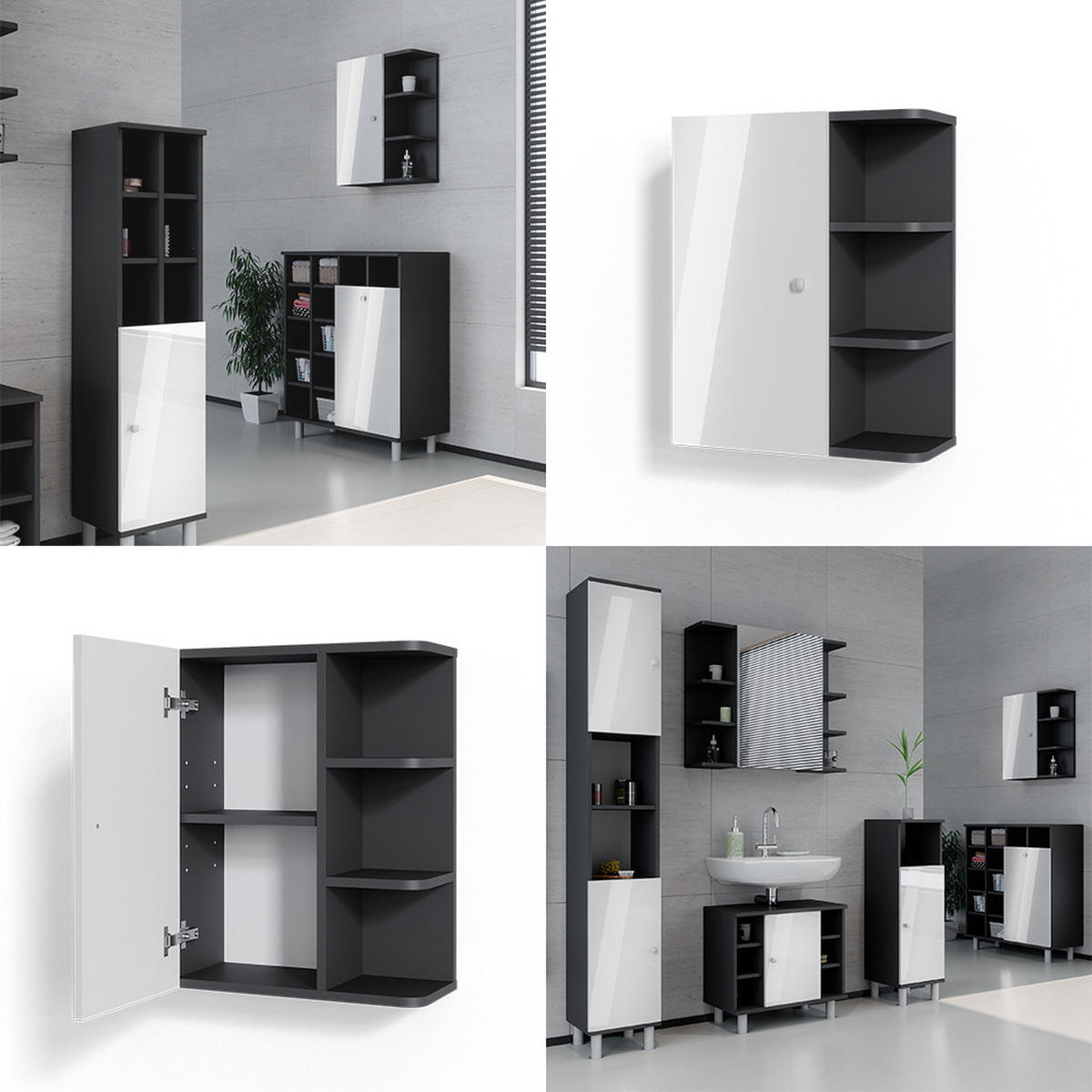 BADSCHRANK Fynn Weiß Hochglanz 47.2 x 59.2 cm - Weiß Hochglanz/Anthrazit, Holzwerkstoff (47.2/59.2/21cm) - Vicco