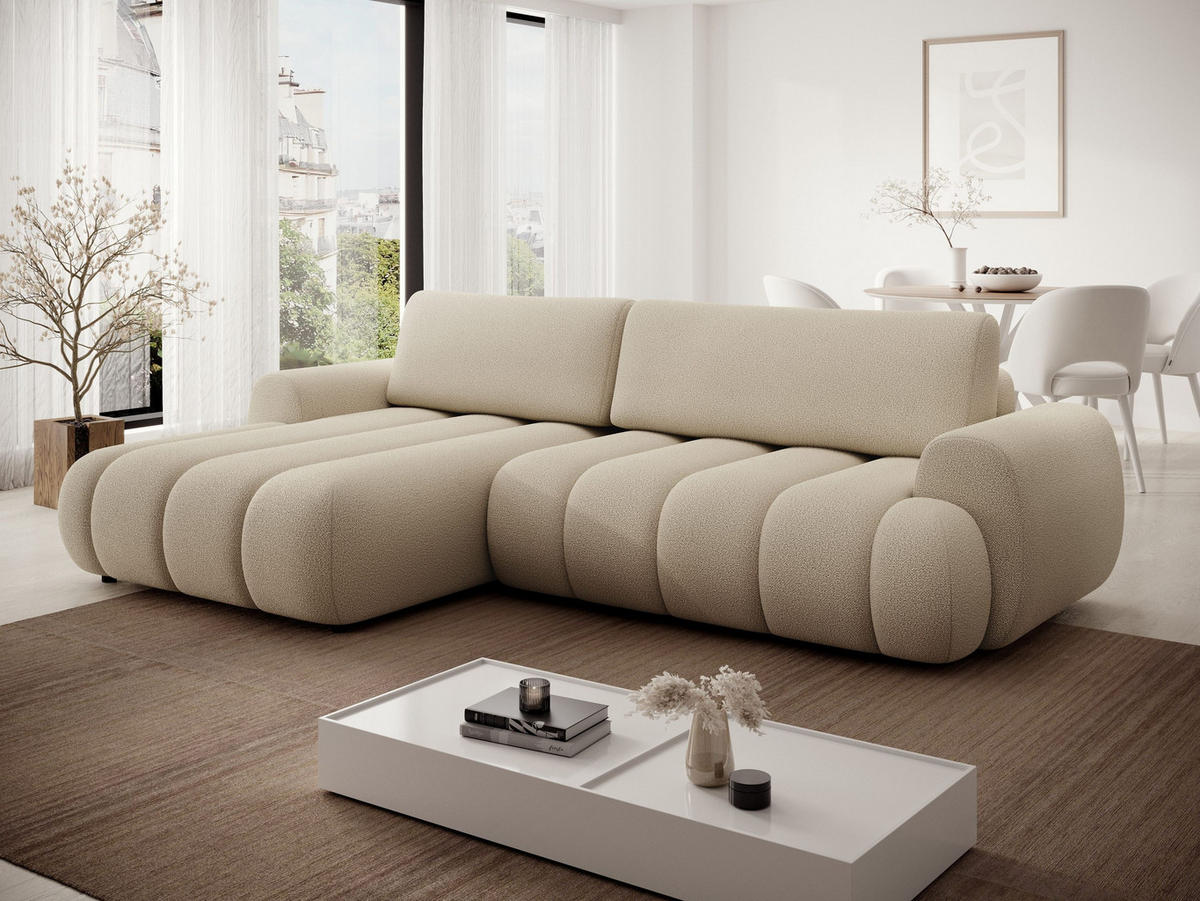 ECKSOFA SITO Creme Geflochtener Stoff mit Schlaffunktion - Creme, Holz (272/168cm) - MASSENO