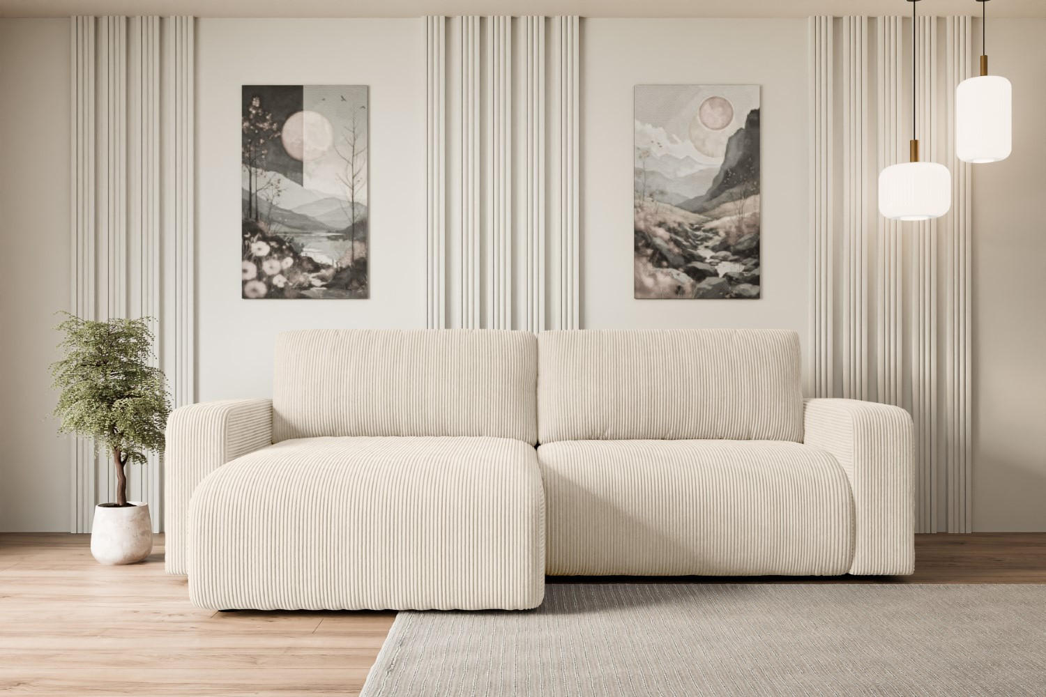 ECKSOFA mit Schlaffunktion und Bettkasten KLEEA-L - 247x143x83 cm Beige Cord - Beige/Schwarz, Holzwerkstoff/Kunststoff (247/143cm) - ALTDECOR