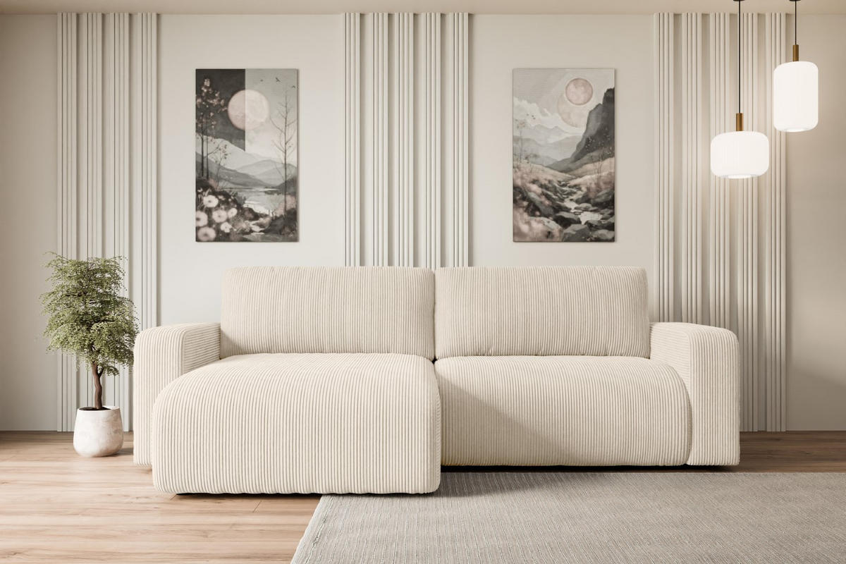 ECKSOFA mit Schlaffunktion und Bettkasten KLEEA-L - 247x143x83 cm Beige Cord - Beige/Schwarz, Holzwerkstoff/Kunststoff (247/143cm) - ALTDECOR