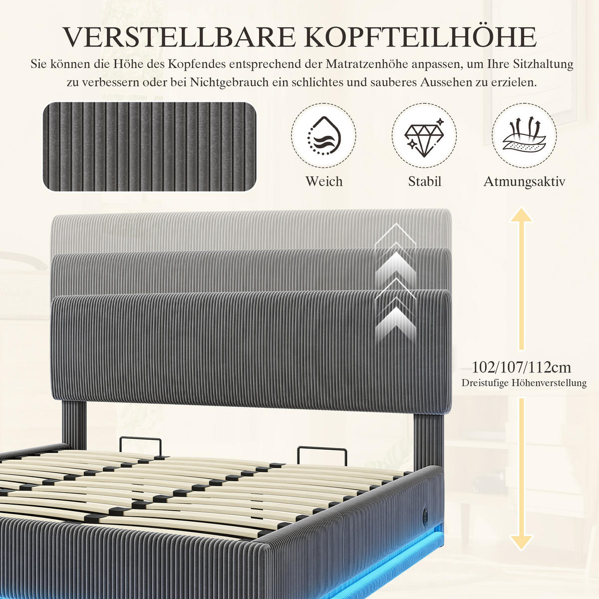 POLSTERBETT 180x200 cm LED USB Stauraum grau - Dunkelgrau, Textil (180/200cm) - LEBENLANG