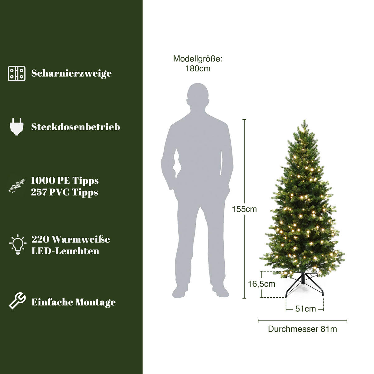 KÜNSTLICHER Weihnachtsbaum 155 cm mit 220 LEDs, Fichten-Optik,1257 PE/PVC-Spitzen - Grün, Kunststoff (81/155cm) - Hometopia
