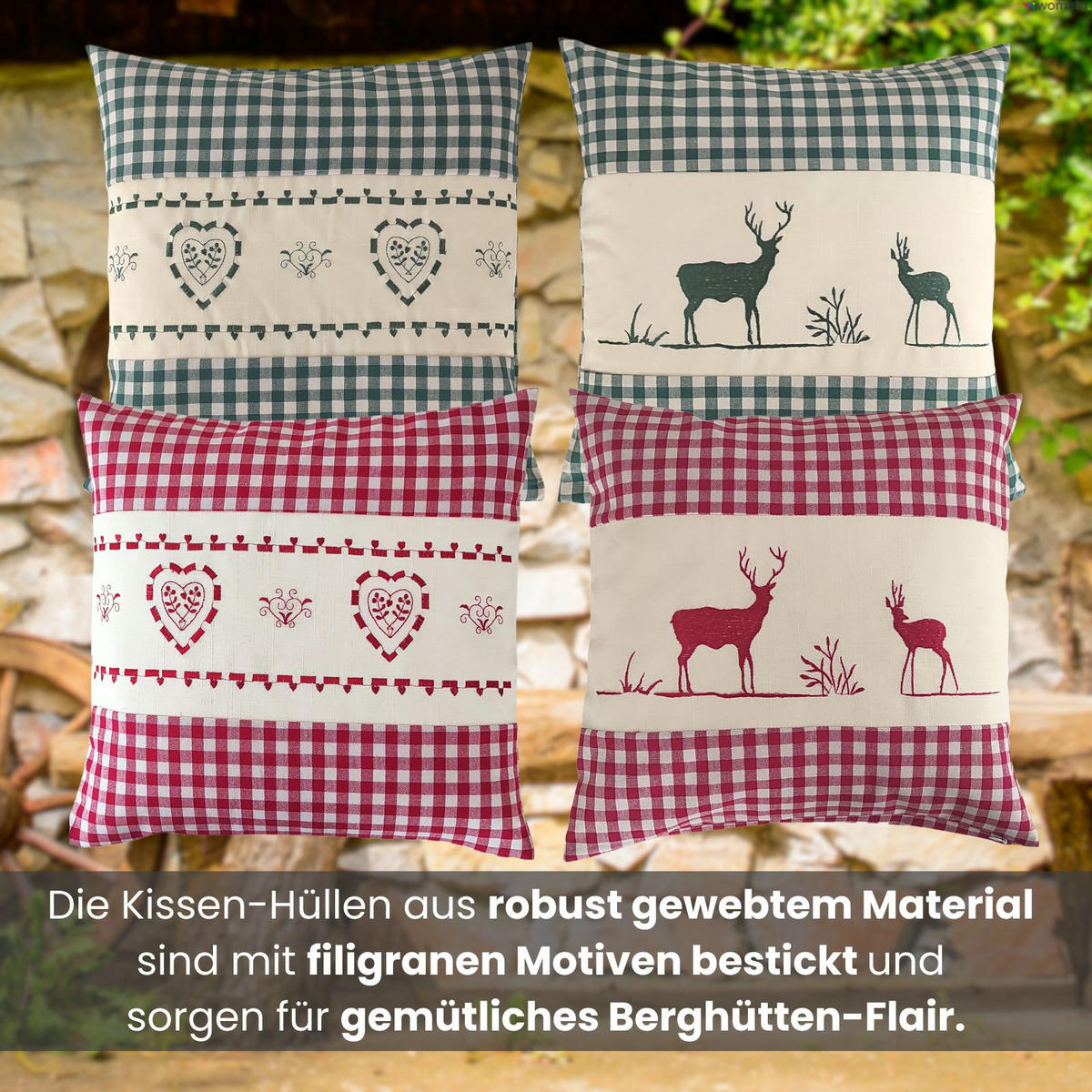 DEKOKISSEN Hirsch grün 40/40 cm Landhaus-Stil mit Reißverschluss inkl. 100% Federkissen - Grün, Textil (40/40cm) - wometo