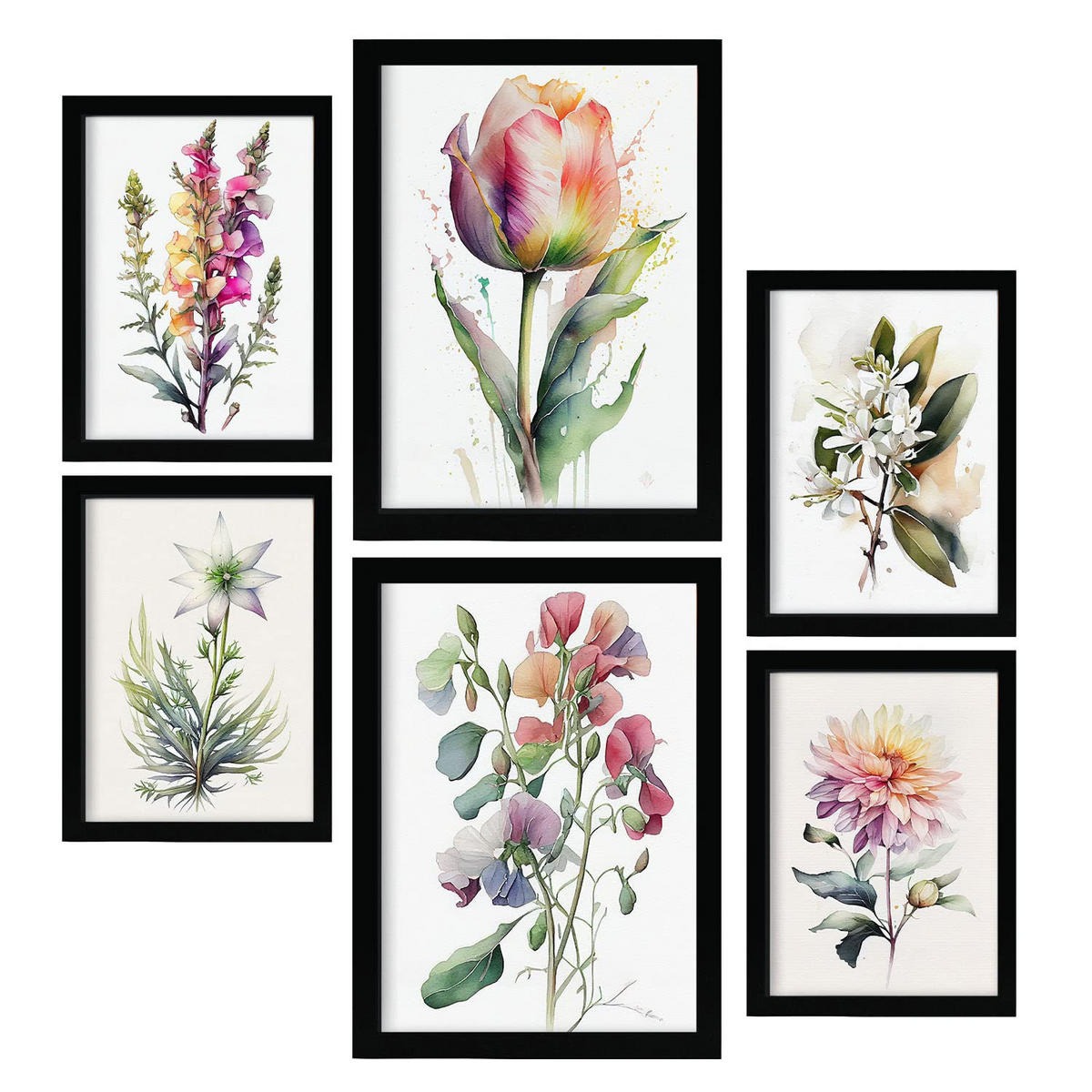 POSTER Set Mit 6 Wilde Blume Größe A3 & A4 Schwarzer Rahmen - Schwarz, Papier (29.7/1cm) - Nacnic
