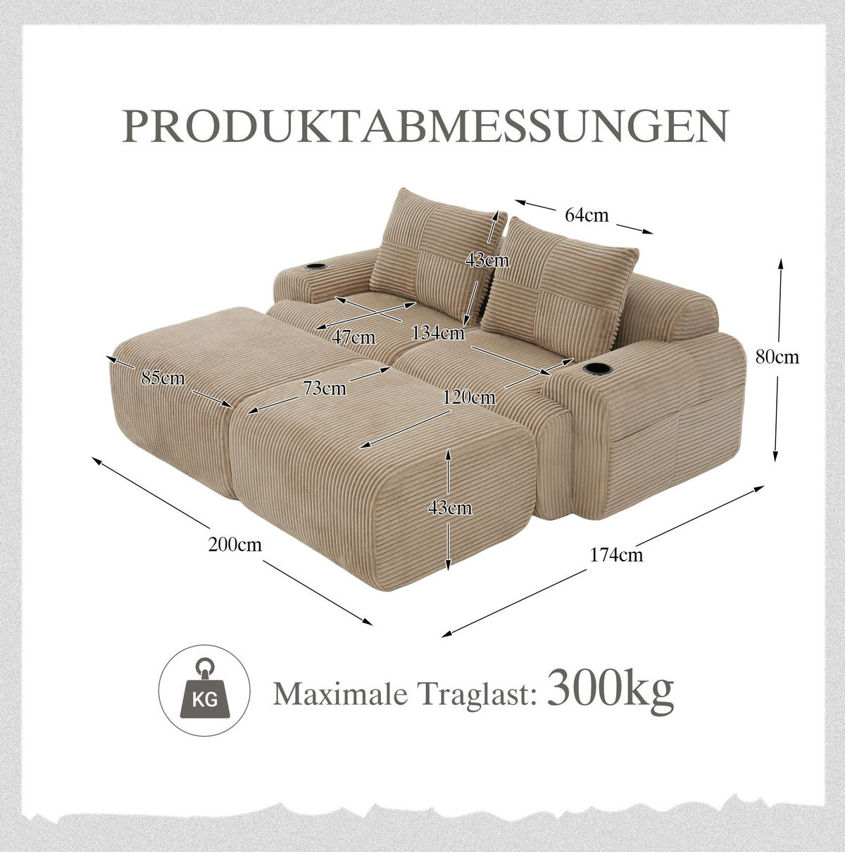 MODULARES 2-Sitzer Cordsofa mit 2 Hockern Getränkehalter und Seitentasche 200/174/80 cm Sandfarben - Sandfarben, Textil (174/80/200cm) - Redom