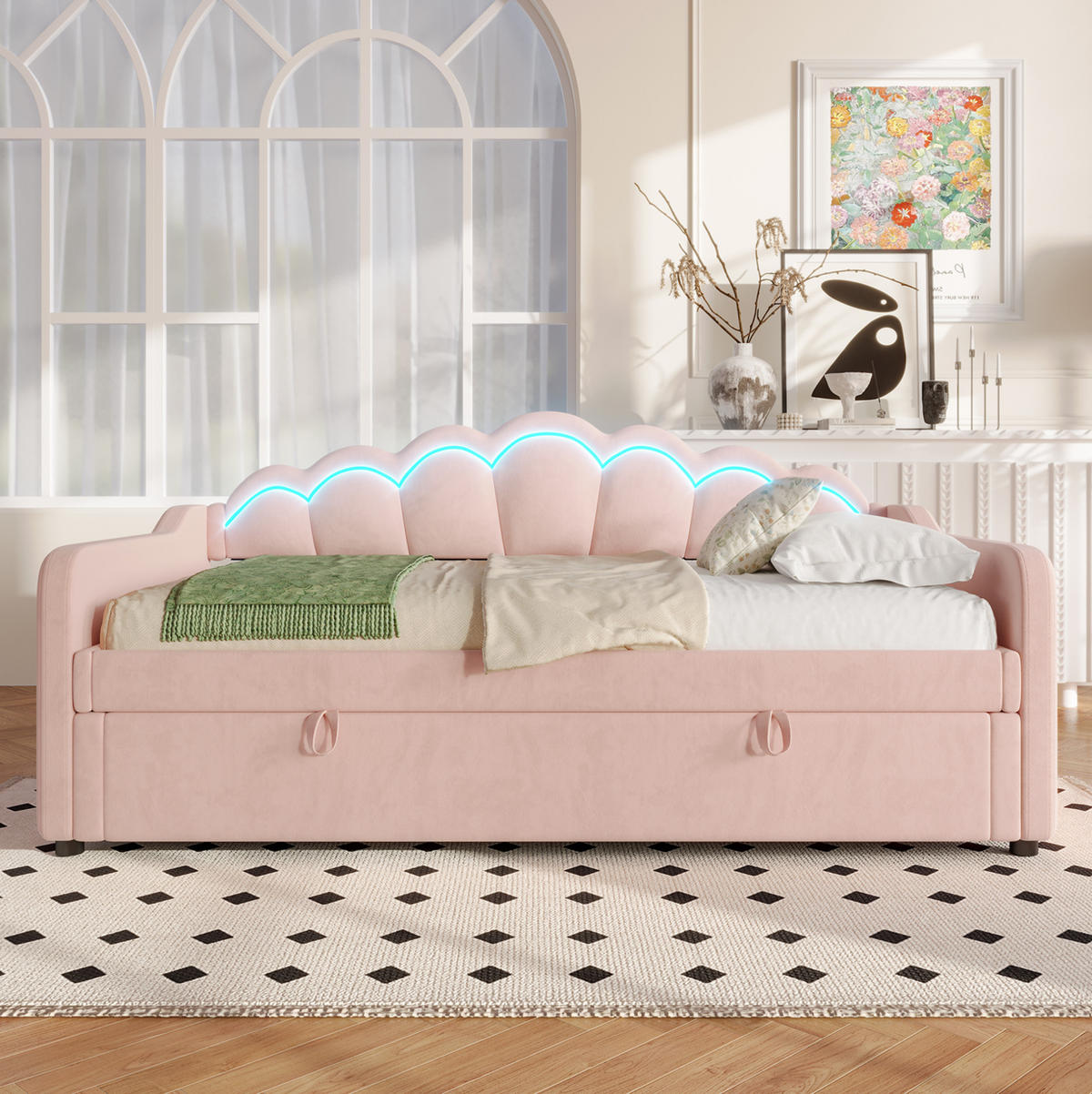 POLSTERBETT aus Samt 90x200 cm in Rosa mit Stauraum & LED-Lichtleiste - Rosa, Textil (90/200cm) - Modfu