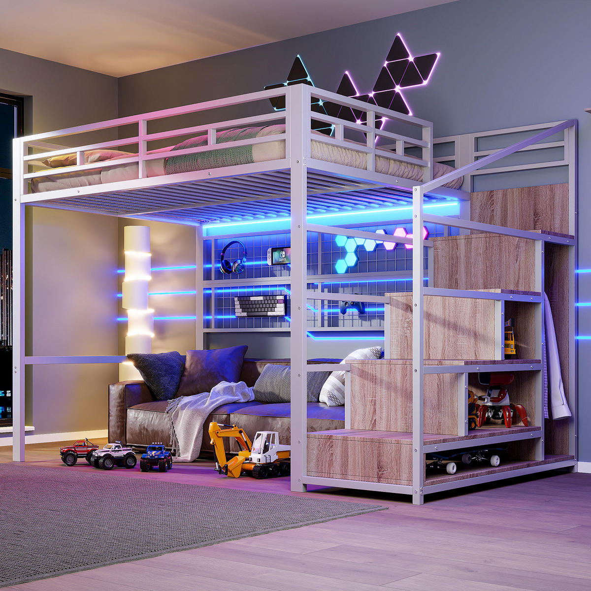 HOCHBETT 140x200cm Weiß Metall Kleiderschrank LED-Licht - Weiß, Metall (140/200cm) - FLIEKS