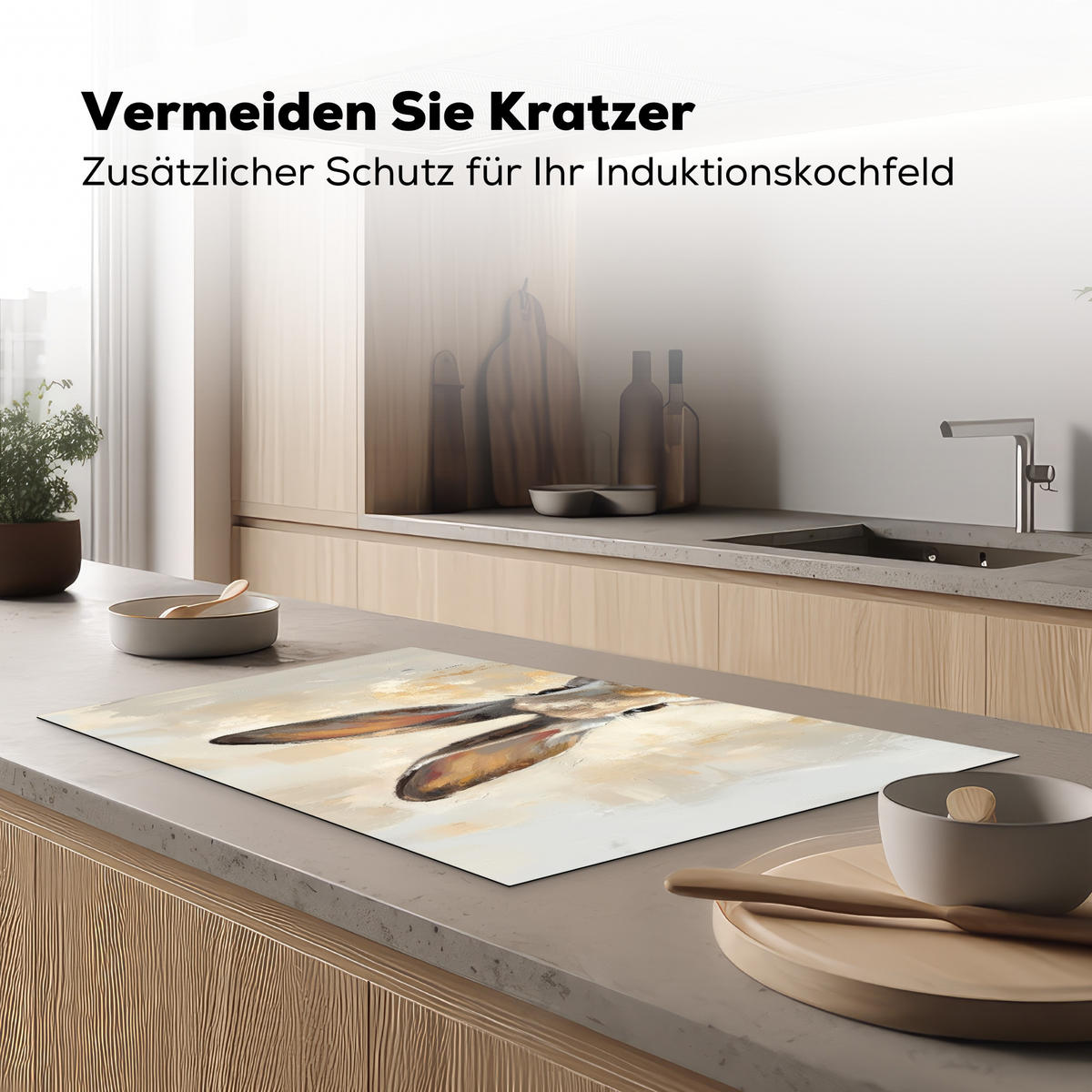 HERDABDECKPLATTE Hase - Ohren - Braun Ceranfeldabdeckung 85x52 cm - Beige, Kunststoff (85/52/0.2cm) - MuchoWow