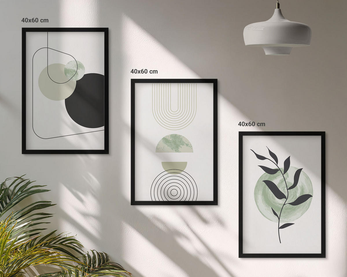 BILDER SET 3er Set - 40x60 cm Schwarzer Rahmen - Abstrakte Pflanzenformen - Schwarz, Kunststoff (40/60cm) - TULUP