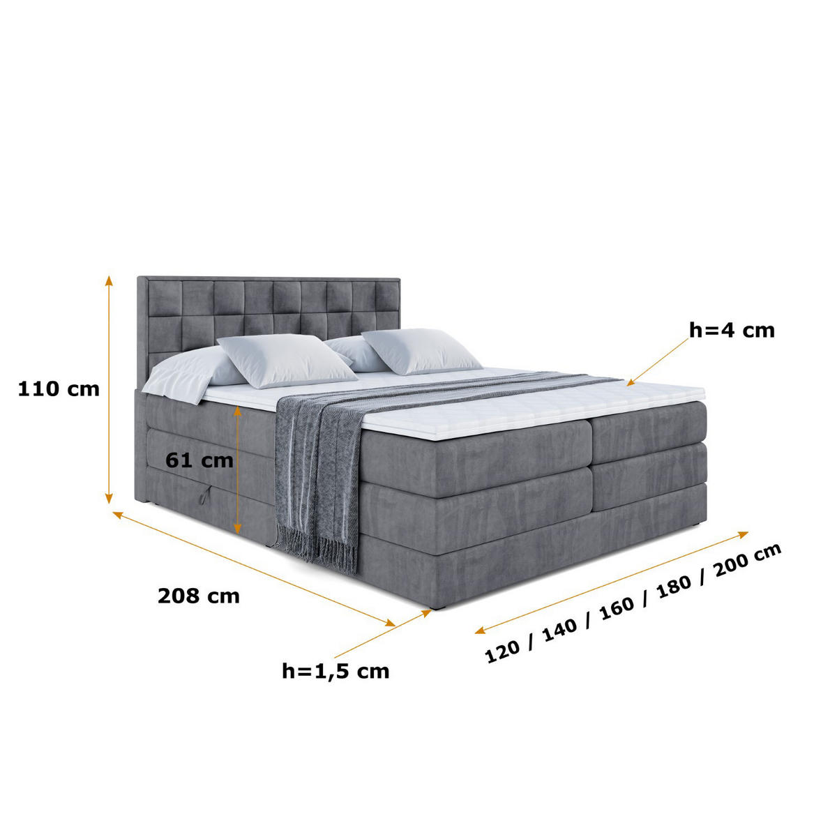 BOXSPRINGBETT ZAFIRA-BZ KING - 140 x 200 - H3/H4 - Dunkelgrau - Dunkelgrau, Holzwerkstoff (140/200cm) - ALTDECOR