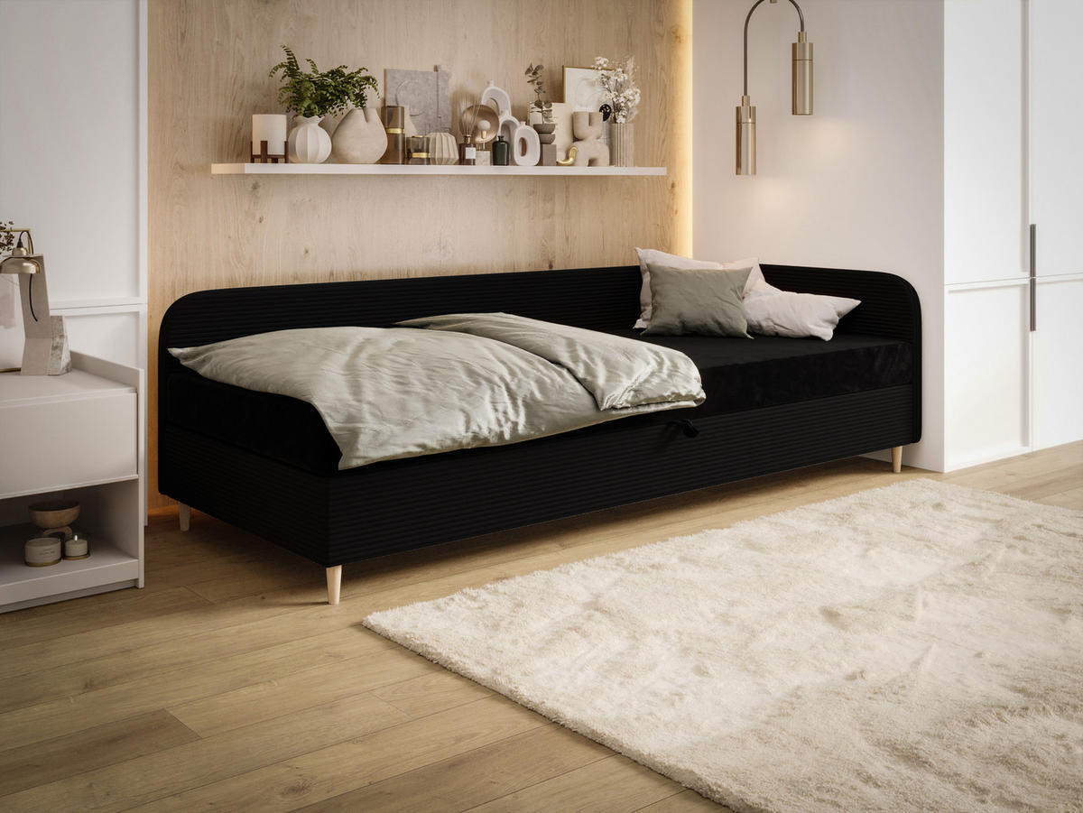 BOXBETT MIKO 80x200 mit Matratze H3, Bonell und Topper RIVIERA 100+LINCOLN 100 - Schwarz, Textil (80/200cm) - Bedante