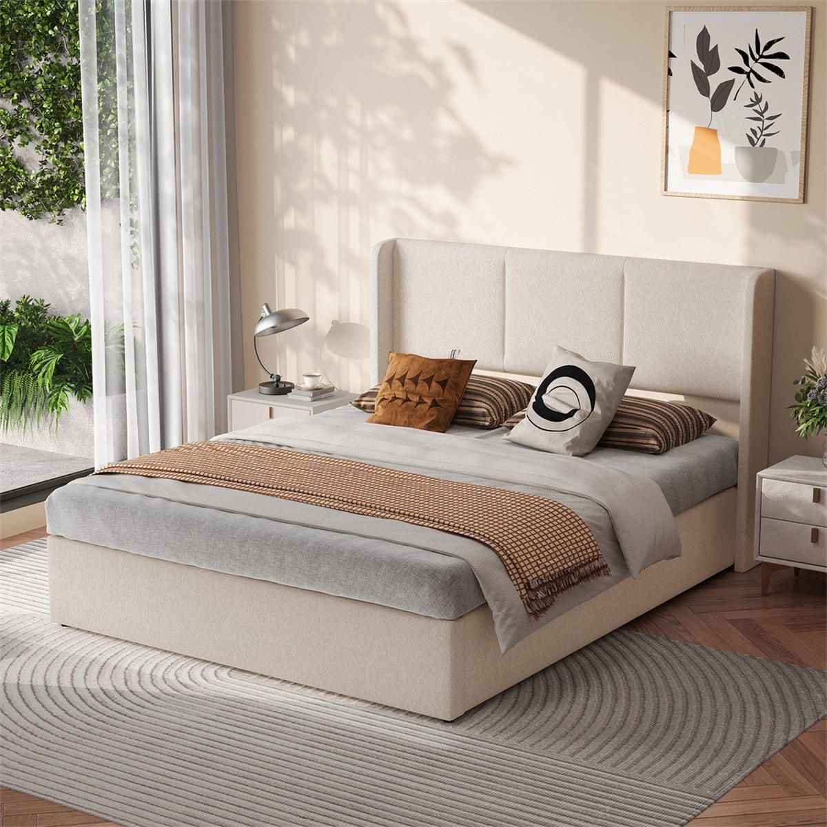 POLSTERBETT 160x200 cm mit hydraulischem Stauraum - Gepolstertes Kopfteil - ohne Matratze - Leinen - Beige - Beige, Textil (160/200cm) - DELFA