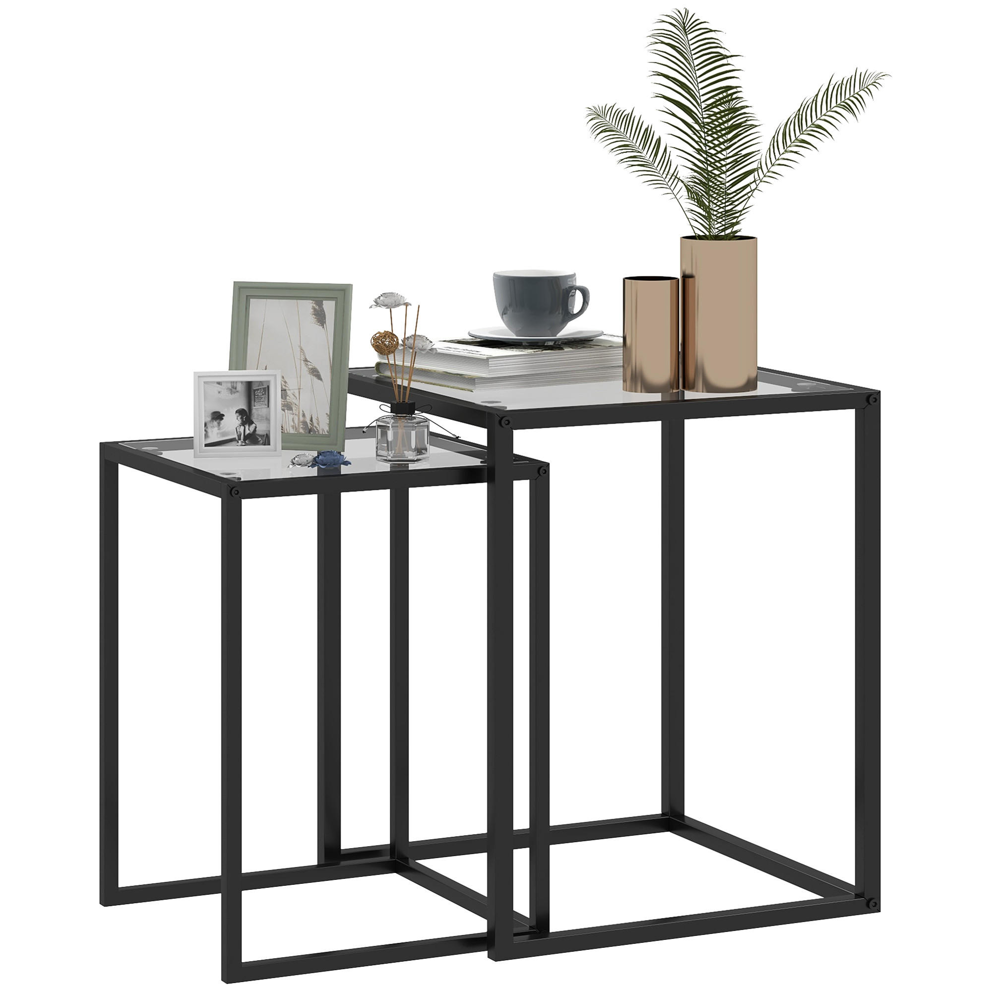 BEISTELLTISCH DE-08732 2er-Set stapelbar mit Glasplatte Schwarz - Schwarz, Metall (42/42/51cm) - ComfortXL