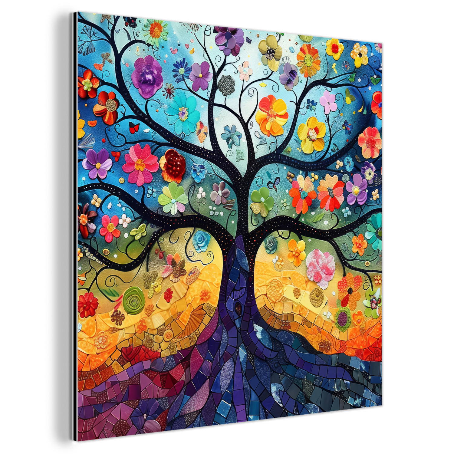METALLBILD Kunst - Baum des Lebens - Blumen - Hippie 20x20 cm - Dunkelblau, Metall (20/20cm) - MuchoWow