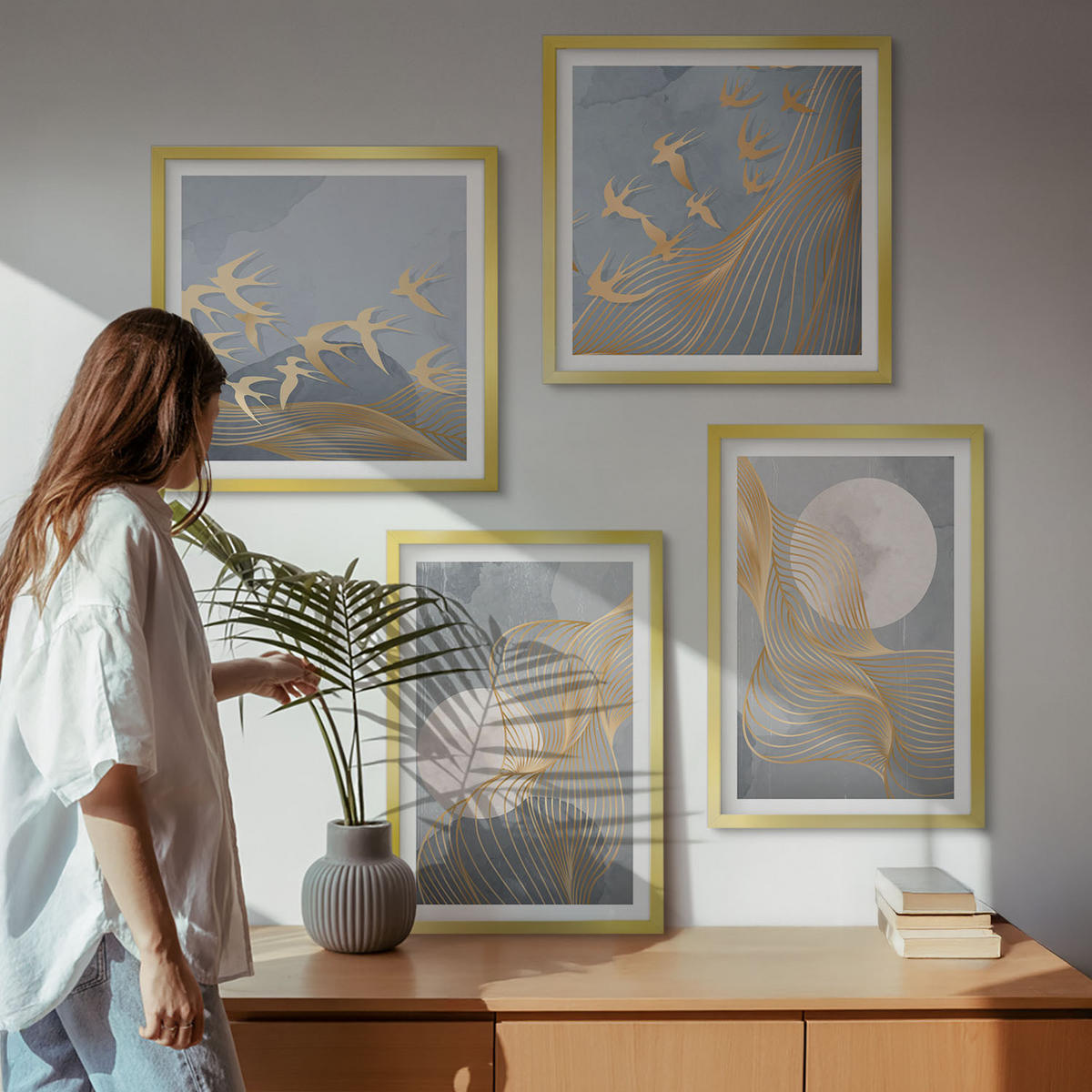 WANDBILDER 4er Set - 50x50 cm & 40x60 cm Goldrahmen - Abstrakte Wellenkreise, grau - Goldfarben, Kunststoff (50/50cm) - ArtPrintCave