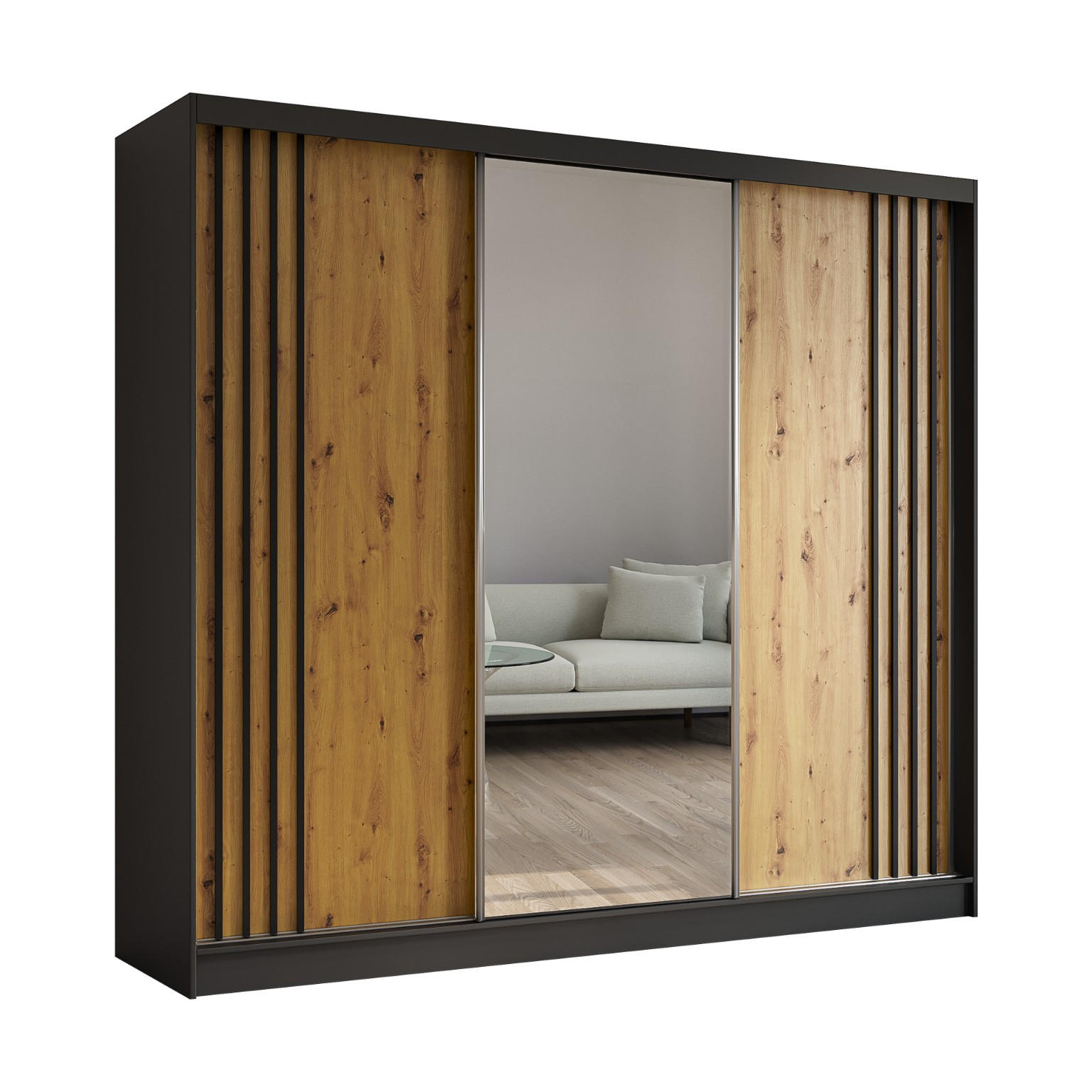 SCHWEBETÜRENSCHRANK Neli 240 cm mit Lamellen und Spiegel 3-türig, schwarz, Artisan, Lamelle schwarz - Schwarz/Braun, Kunststoff (240/216/61cm) - Margaret Hadas24