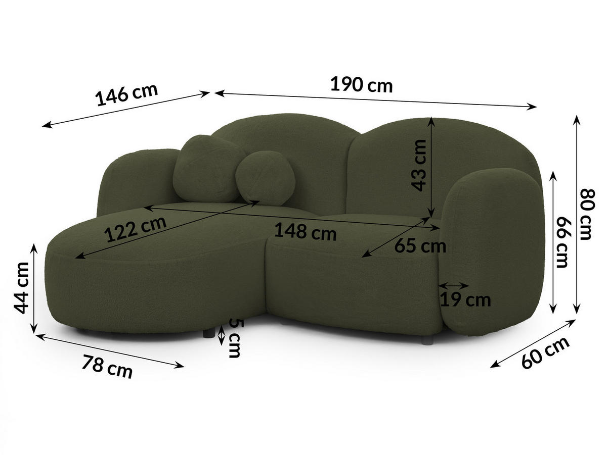 ECKSOFA Nuvola mit abgerundetem Design Grün Bouclé-Stoff - Ottomane Links - Schwarz/Grün, Holz/Kunststoff (190/146cm) - S-Style Möbel
