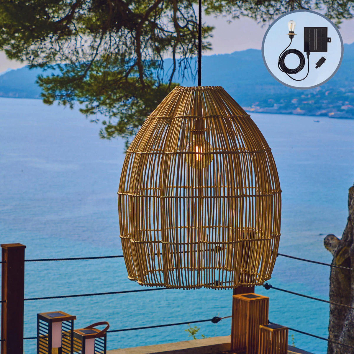 AVILA Solar-Pendelleuchte, 50 cm Durchmesser, 5 m Länge - Beige, Holz (60/60/50cm) - Lumisky