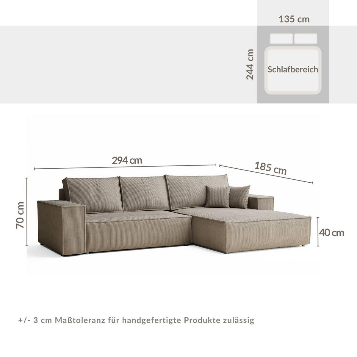 ECKSOFA MIT SCHLAFFUNKTION Maze Dunkelbeige Samtstoff - Beige/Schwarz, Holz/Holzwerkstoff (294/185cm) - Maison de Reve