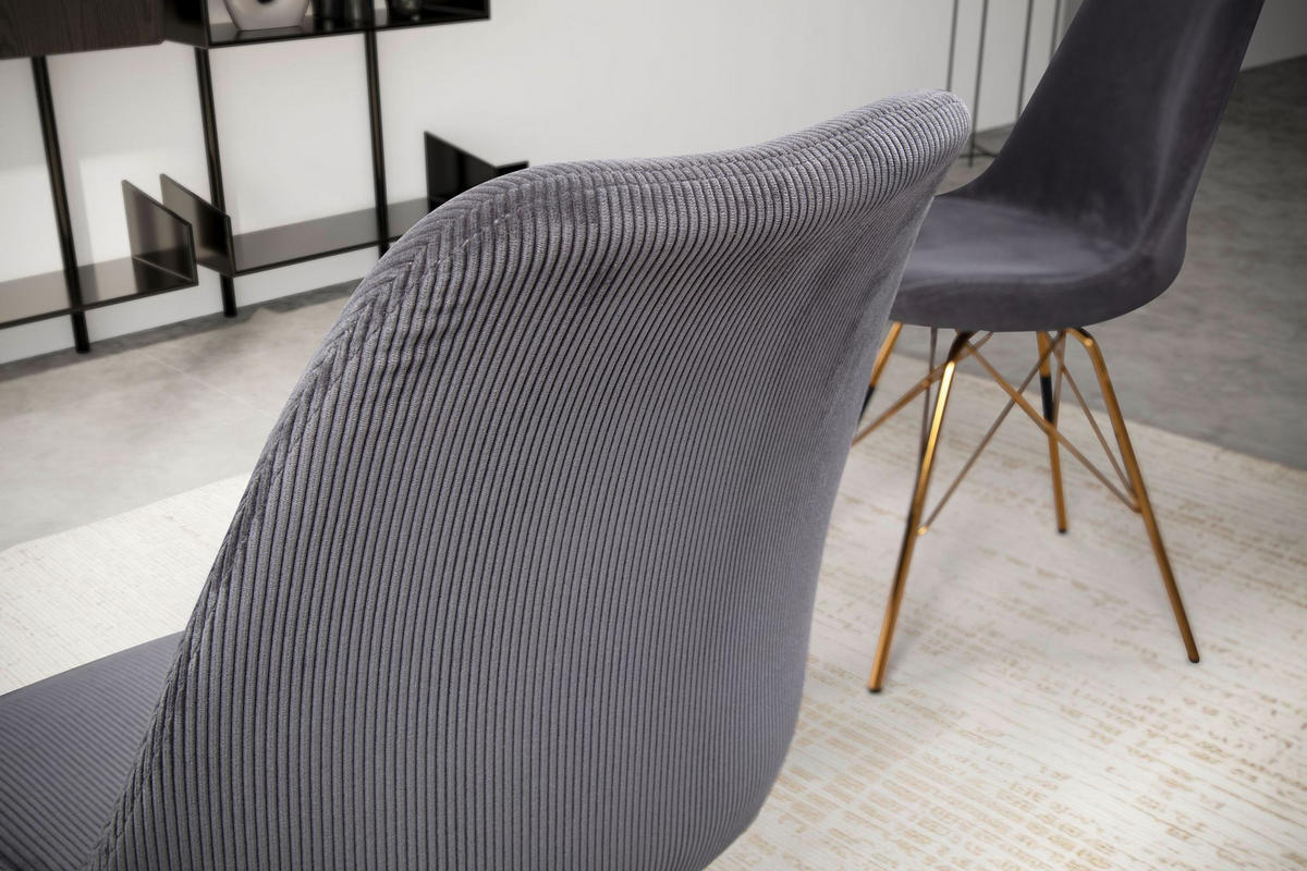 ESSZIMMERSTUHL 2er Set Cordstoff mit Metallgestell Schalenform Skandinavisch gepolstert, Anthrazit 48x58x85 cm - Anthrazit/Goldfarben, Textil/Metall (48/85/58cm) - KADIMA DESIGN