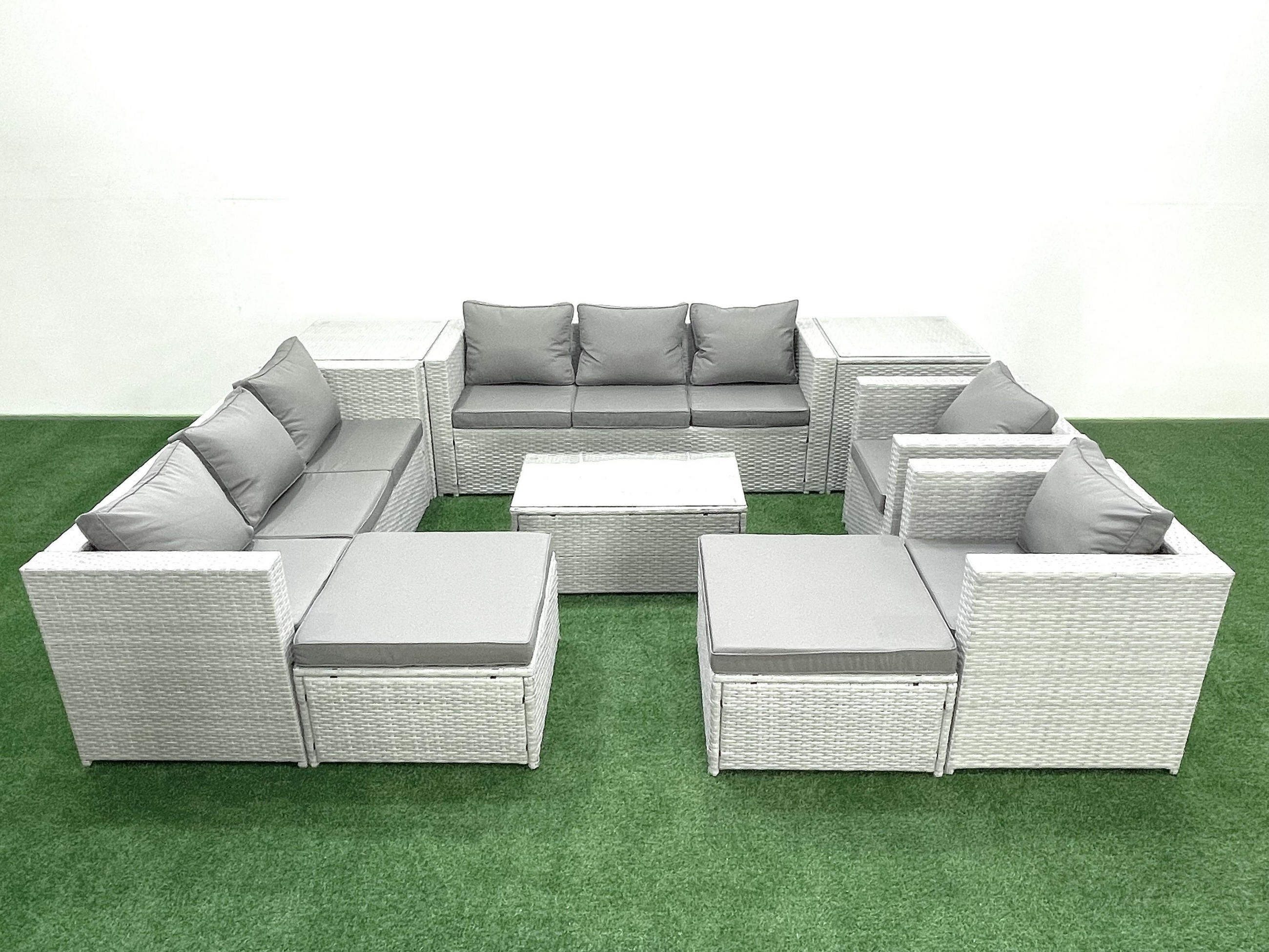 GARTENGARNITUR mit 3-SITZER SOFA,COUCHTISCH Polyrattan Hellgrau-Mix 10-Sitzer - Hellgrau/Grau, Glas/Kunststoff - Fimous