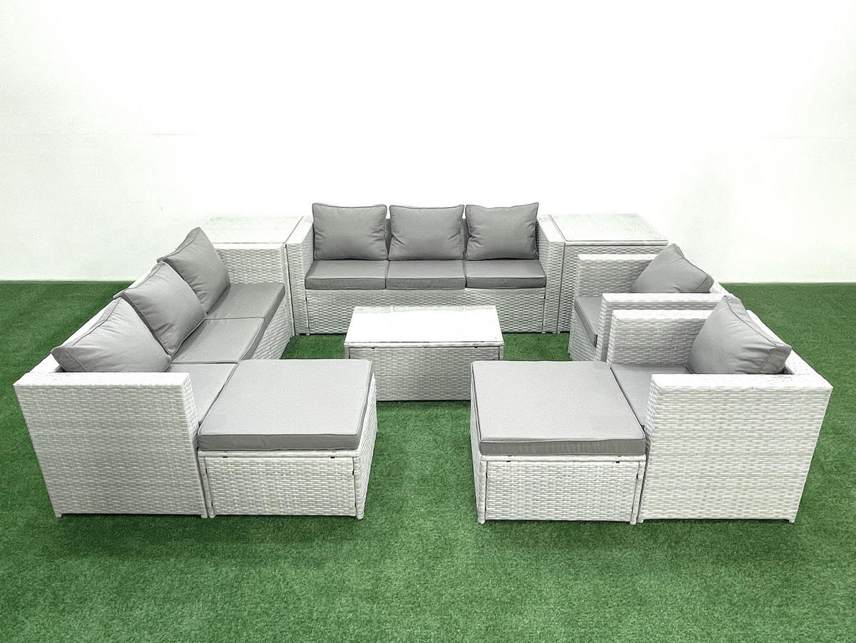 GARTENGARNITUR mit 3-SITZER SOFA,COUCHTISCH Polyrattan Hellgrau-Mix 10-Sitzer - Hellgrau/Grau, Glas/Kunststoff - Fimous
