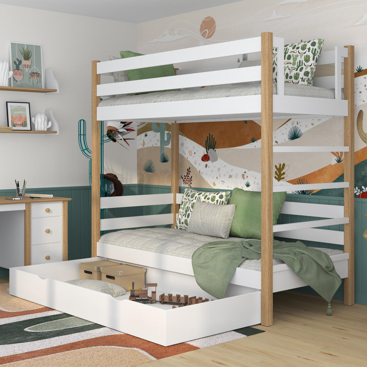 ETAGENBETT N03 mit Schublade Weiß / Eiche Natur 100/190 - Eiche Artisan/Weiß, Naturmaterialien/Holz (100/190cm) - N-Wood
