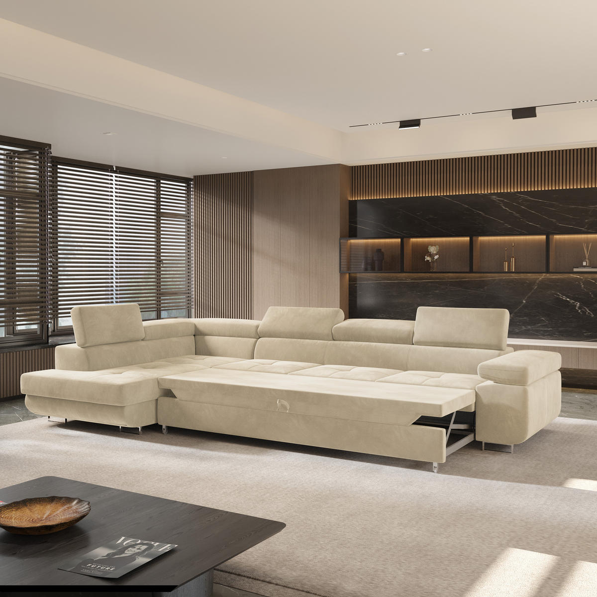 ECKSOFA VICENTE Creme Velours-Stoff mit Schlaffunktion - Creme, Holz (346/202cm) - MASSENO