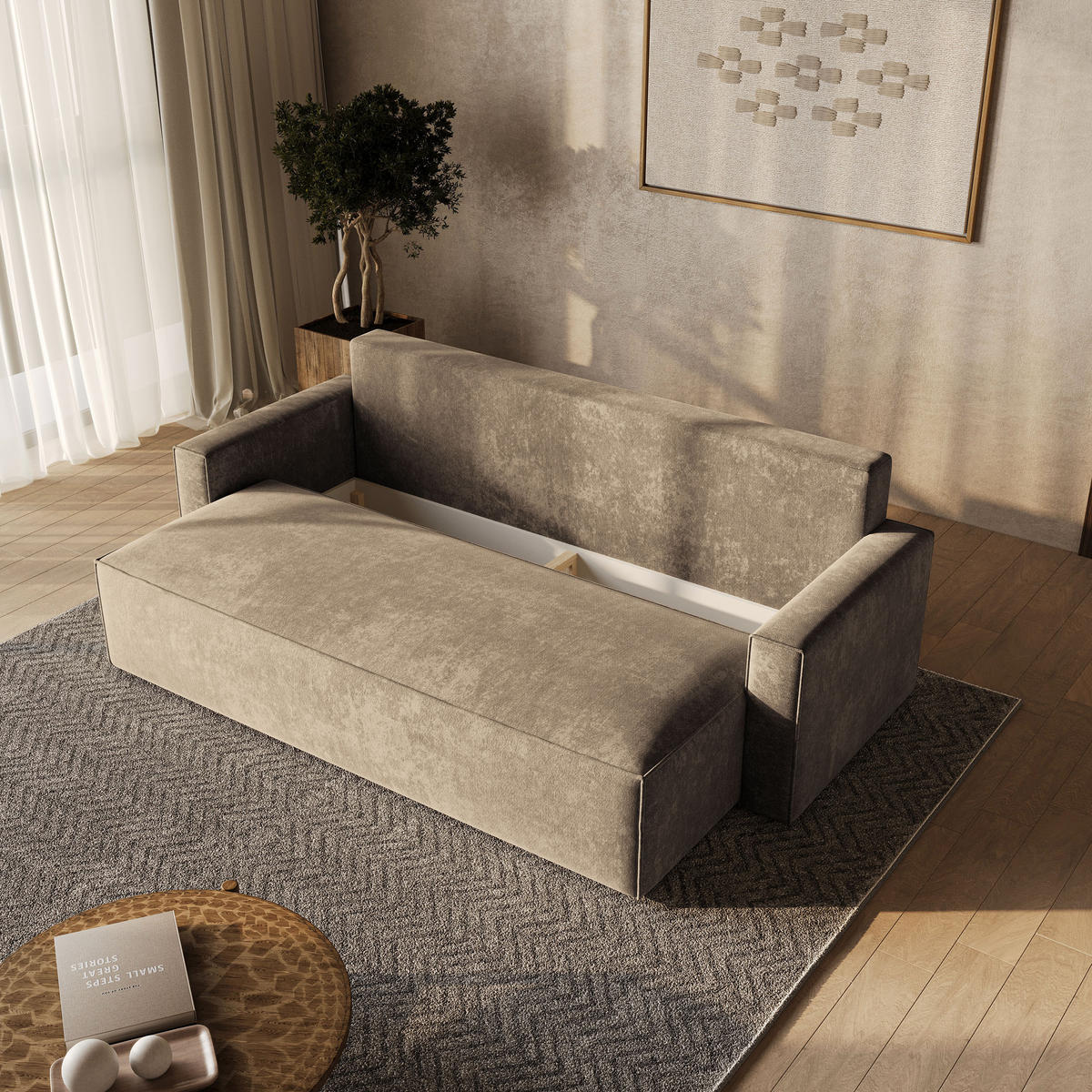 BETTSOFA MENI LM Beige Chenille-Stoff mit Schlaffunktion - Beige, Textil (232/85/87cm) - MASSENO