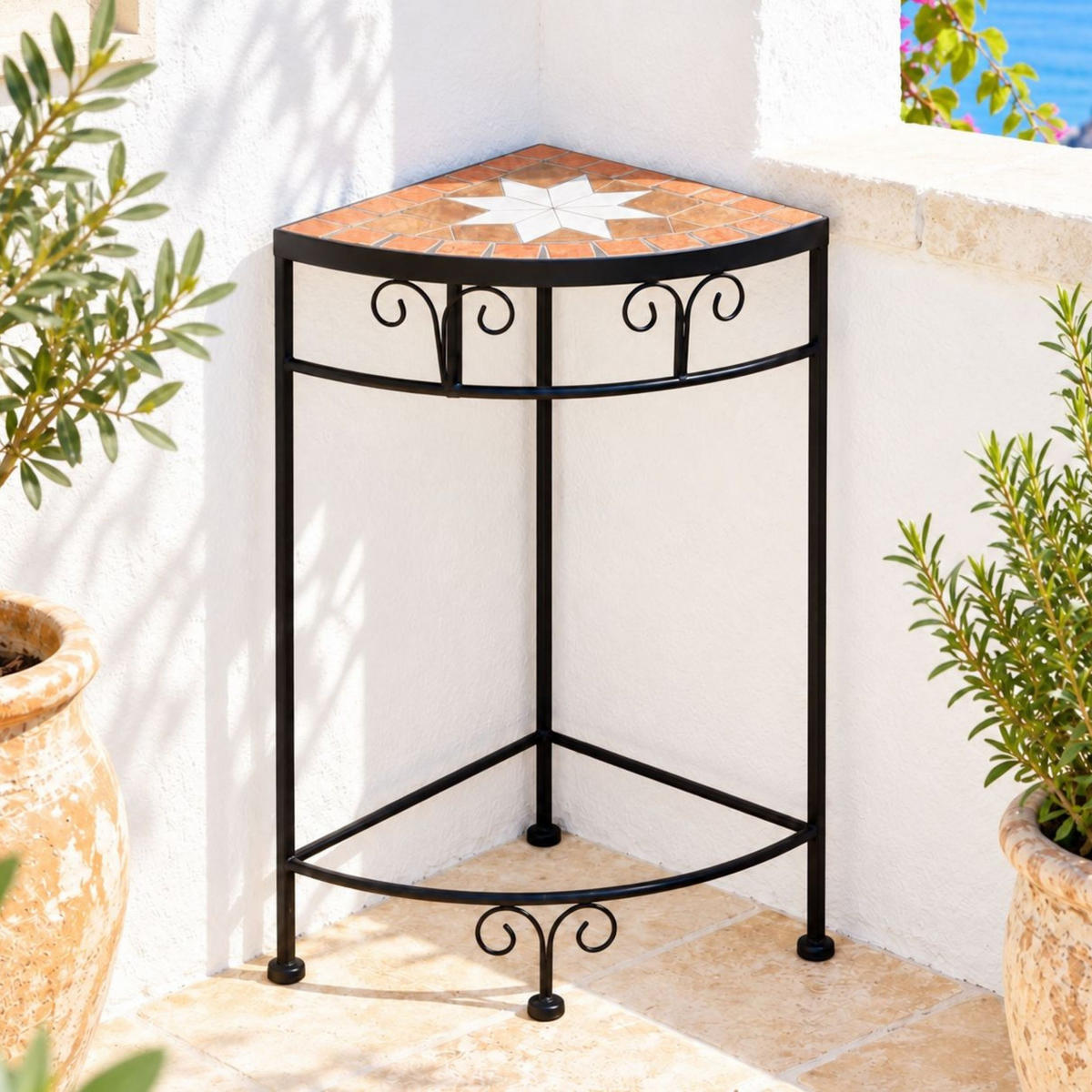 BLUMENHOCKER Ecke mit Mosaik Metall Schwarz/Terrakotta 25/25/52 cm - Schwarz, Metall (25/52/25cm) - DanDiBo