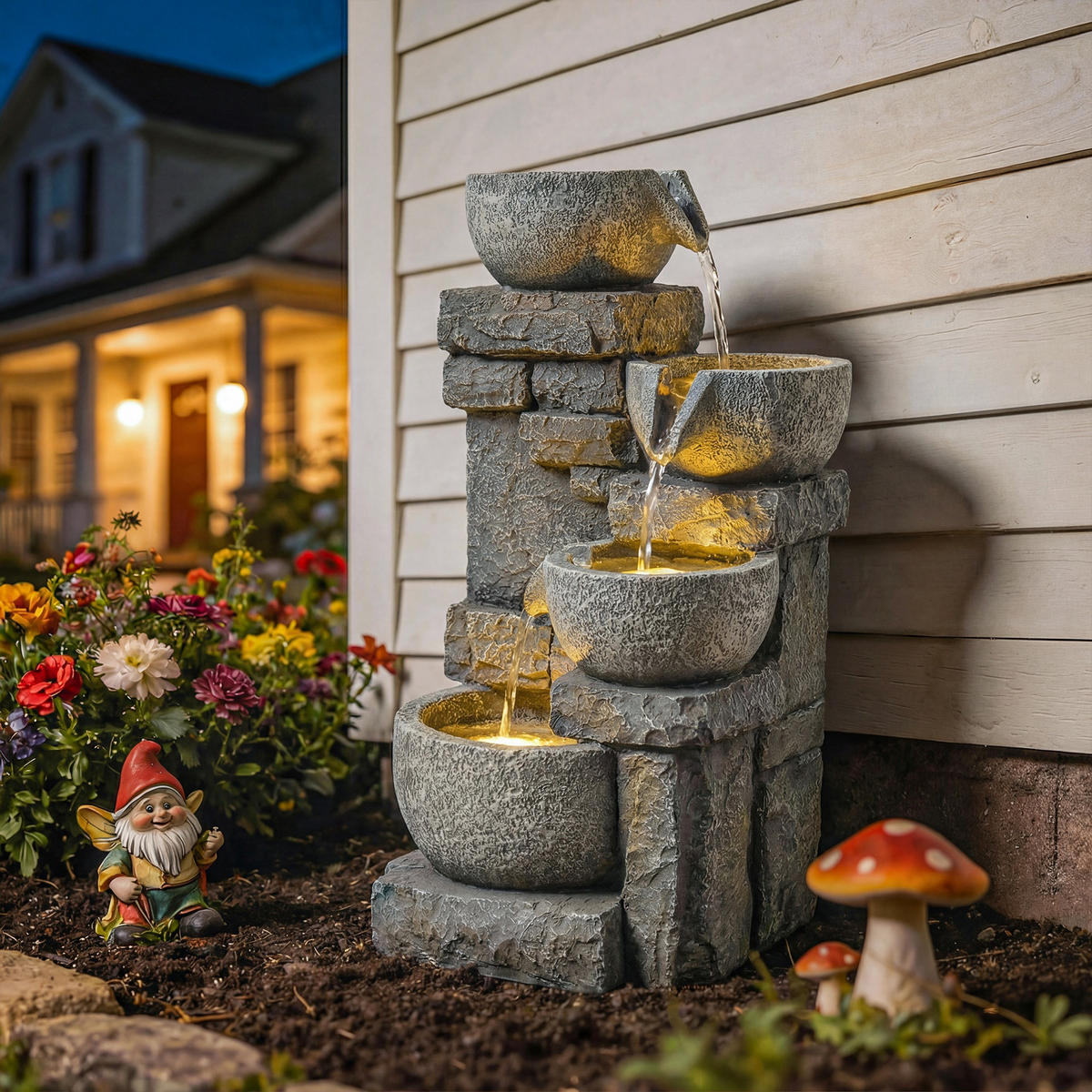 GARTENBRUNNEN DE-18872 4-stufige Kaskade mit LED Grau - Grau, Kunststoff (28/25/54.5cm) - ComfortXL