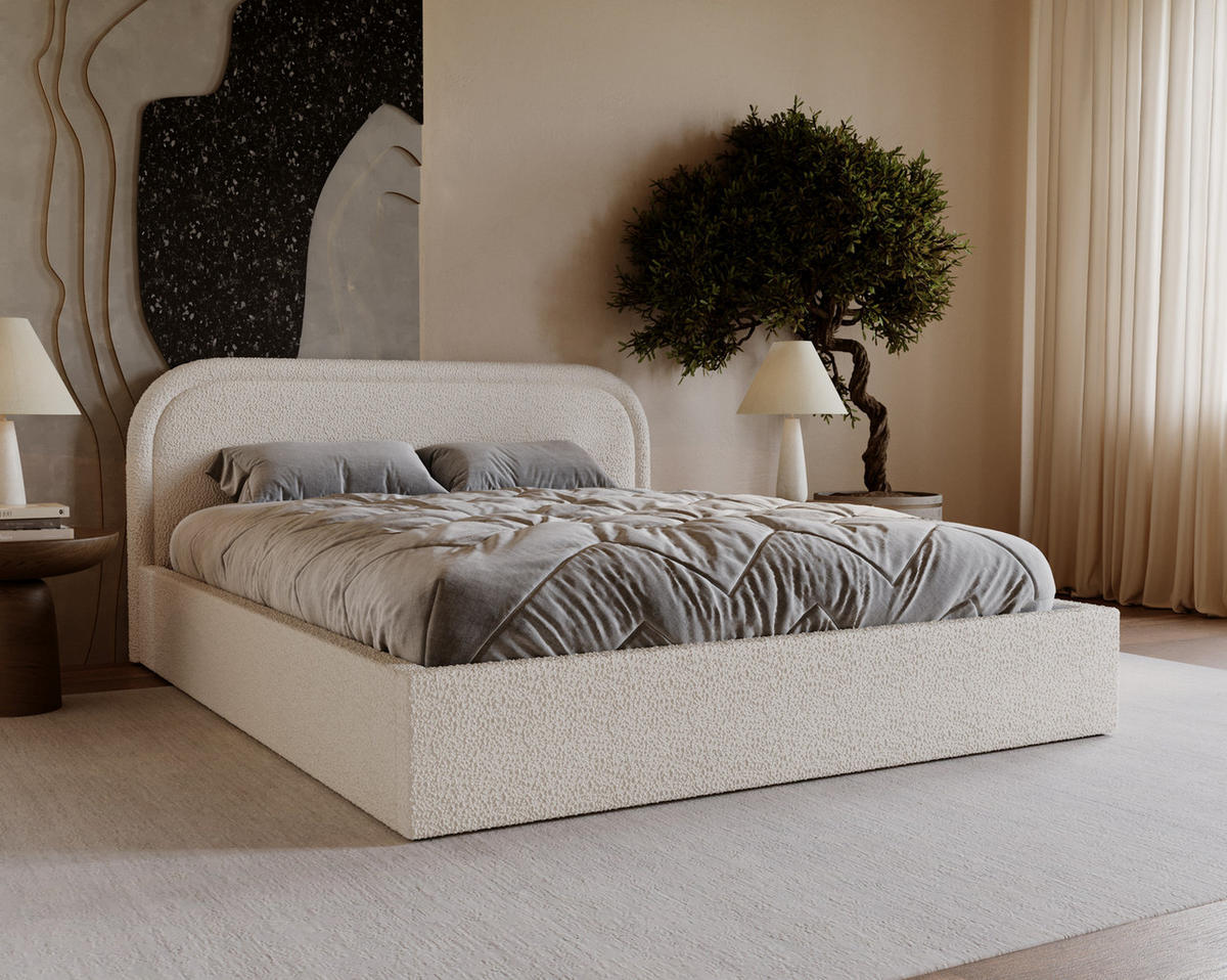 DOPPELBETT 180x200 Dune mit Bettkasten, runde Kopfteil, Bouclé, Creme - Creme, Holz/Textil (180/200cm) - Emporius